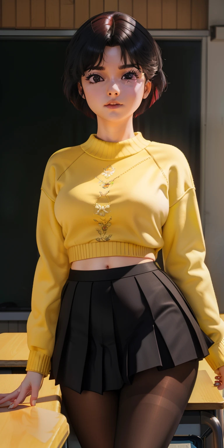 best quality, ultra high res, classroom, (photorealistic:1.4), 3dmm, 1girl, doe eyes, intimate, cropped sweater top, scarlet hair, glowing amber eyes, pleated skirt, pantyhose, (dark tan skin:1), (((detailed black eyes)))