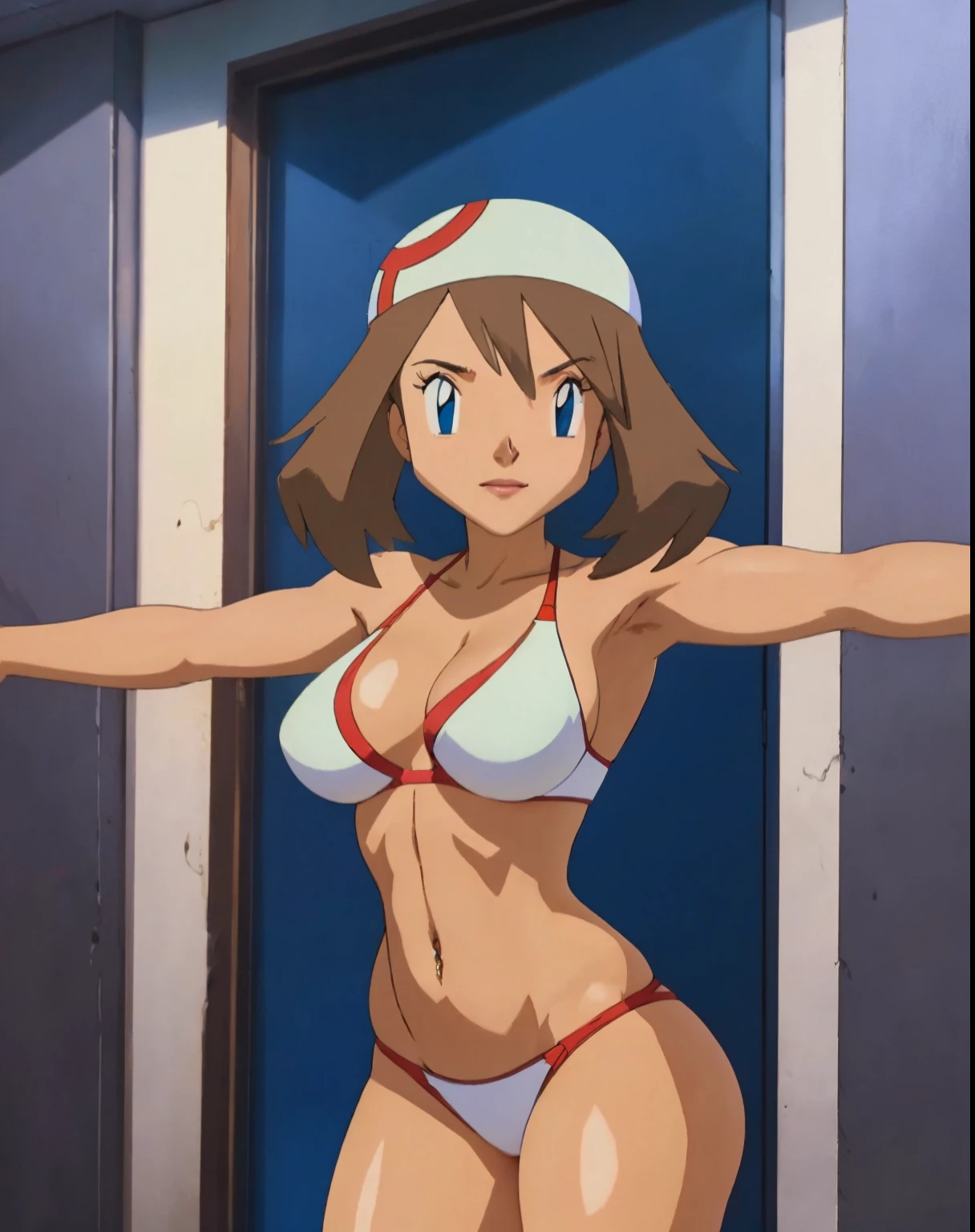 (masterpiece), best quality, expressive eyes, perfect face, solo May from Pokemon in sexy bikini 30 year old women seductive body big breasts big thigs facing towards screen  parted lips  feminine figure body in  bikini, Lockhart beautiful expressive eyes ,  4k backlighting smirky face full shot, full body shot ,