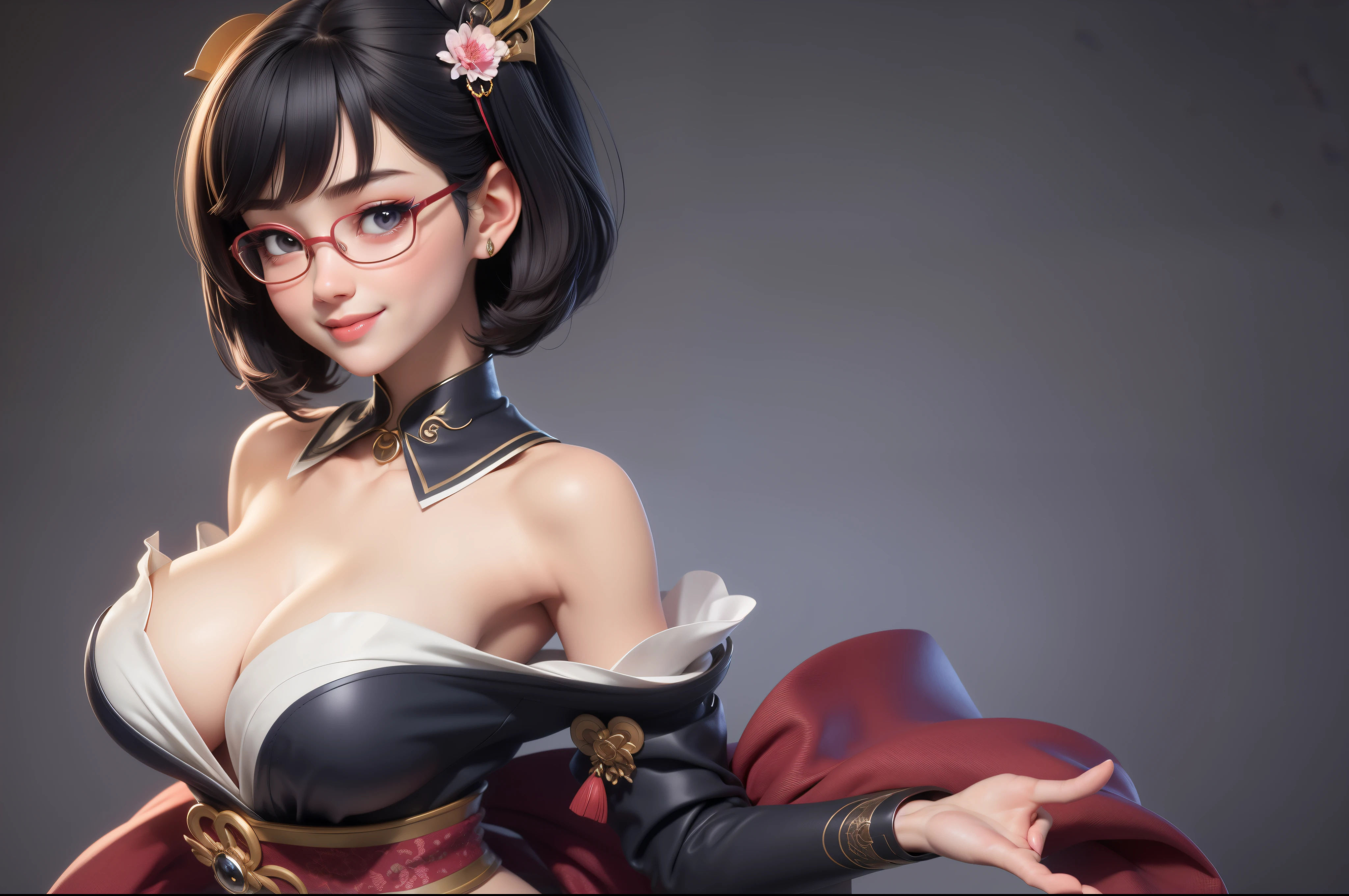 1 Cute Girl (18 years old) glasses, close up, Thin waist, natural small breast, cause impact, seductive expression, smooth, Random hairstyles, cleavage, navel, shirt collar, shirt collarbone, off shoulder, seductive smile, Wear intricate details, Hot and sexy outfit., Geisha costume, Wearing a shirt collared helmet is unique.., Random light color, upper body. Flat gray for the background..