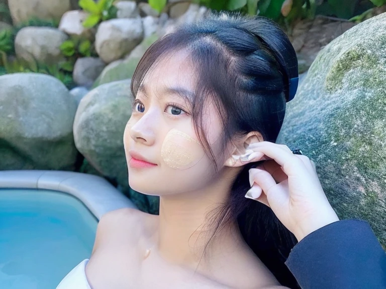 Top quality, delicate details, very detailed eyes and face, ((night))), (open-air rock bath), (white cloudy water), 2myanmar beautiful student girl, sweat, ponytail, upbeat cheeks, no makeup, upper eyes, strapless, lighting on figure, (((((background so nice))))without shirt, full body beautyful pusy