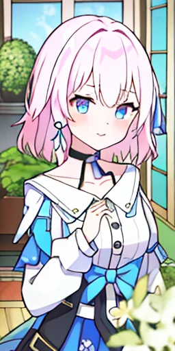 Top Quality, 8K, 4K, High Definition, Detail, (better-quality, 8K, 12), top-quality, 1 girl、purple short bob hair clip tied into a bun、black eyeedium breasts、uniform、gray jacket with pink line, fingerless gloves、thighs、Ilcha fousing on her, surprise face, having her hands her face, making cute surprise expressing. picture pose, she is standing up, she has a loil pop in her mouth, (she up close only showing face and her chest.)