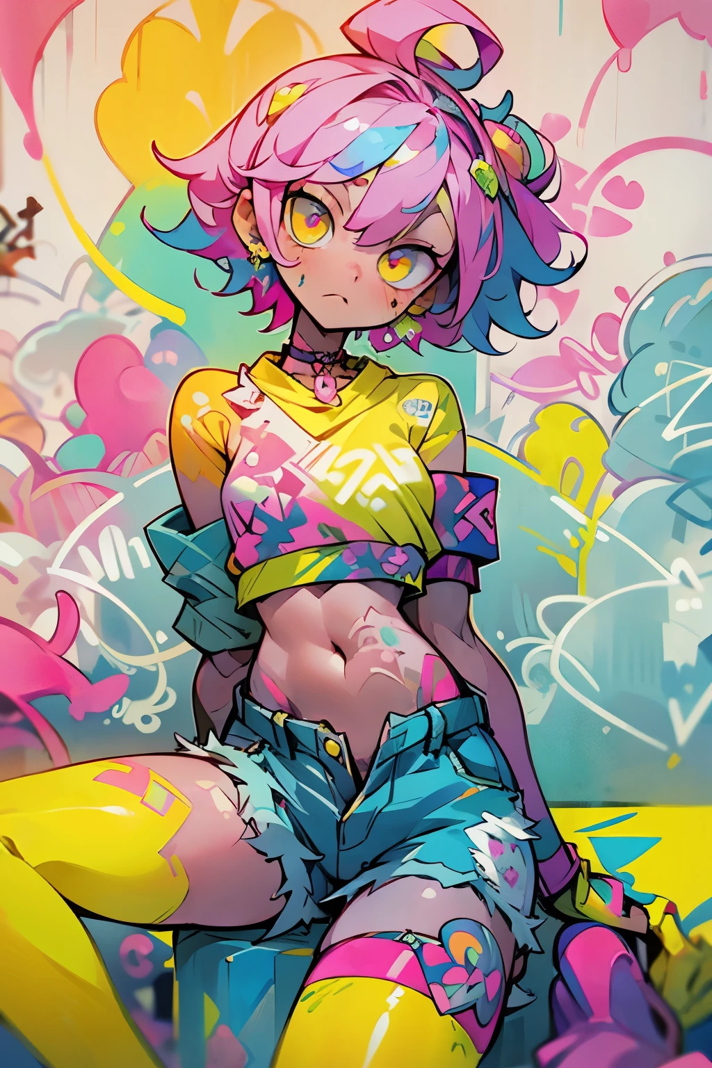 masterpiece, best quality, 1girl, solo, crop top, denim shorts, choker, (graffiti:1.5), paint splatter, arms behind back, against wall, looking at viewer, armband, thigh strap, paint on body, head tilt, bored, multicolored hair, yellow eyes, headset,non gender anime person in slim body with an outfit of yellow sweater with pink polkadot bubble design, and blue and green pants, psycho, cool straight pose, left crab arms, zooble, cool sit pose, pink short messy hair, abstract triangular shapes, clown vibe
