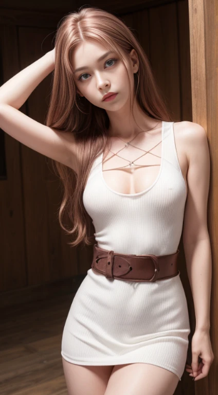 ((masterpiece)), ((best quality)), (ultra-detailed), NSFW, ((torture room)),(torture),(((Torture of forcibly slimming the waist))),(((single narrow belt strongly bound waist))),a cute girl, 1girl, solo, (white mini tanktop dress),(both wrists tied above the head using rope), (both wrists hung from the ceiling),((thin waist)),((bdsm)),beautiful pinkbrown hair, beautiful blue eyes, (beautiful eyes), long hair,troubled expression