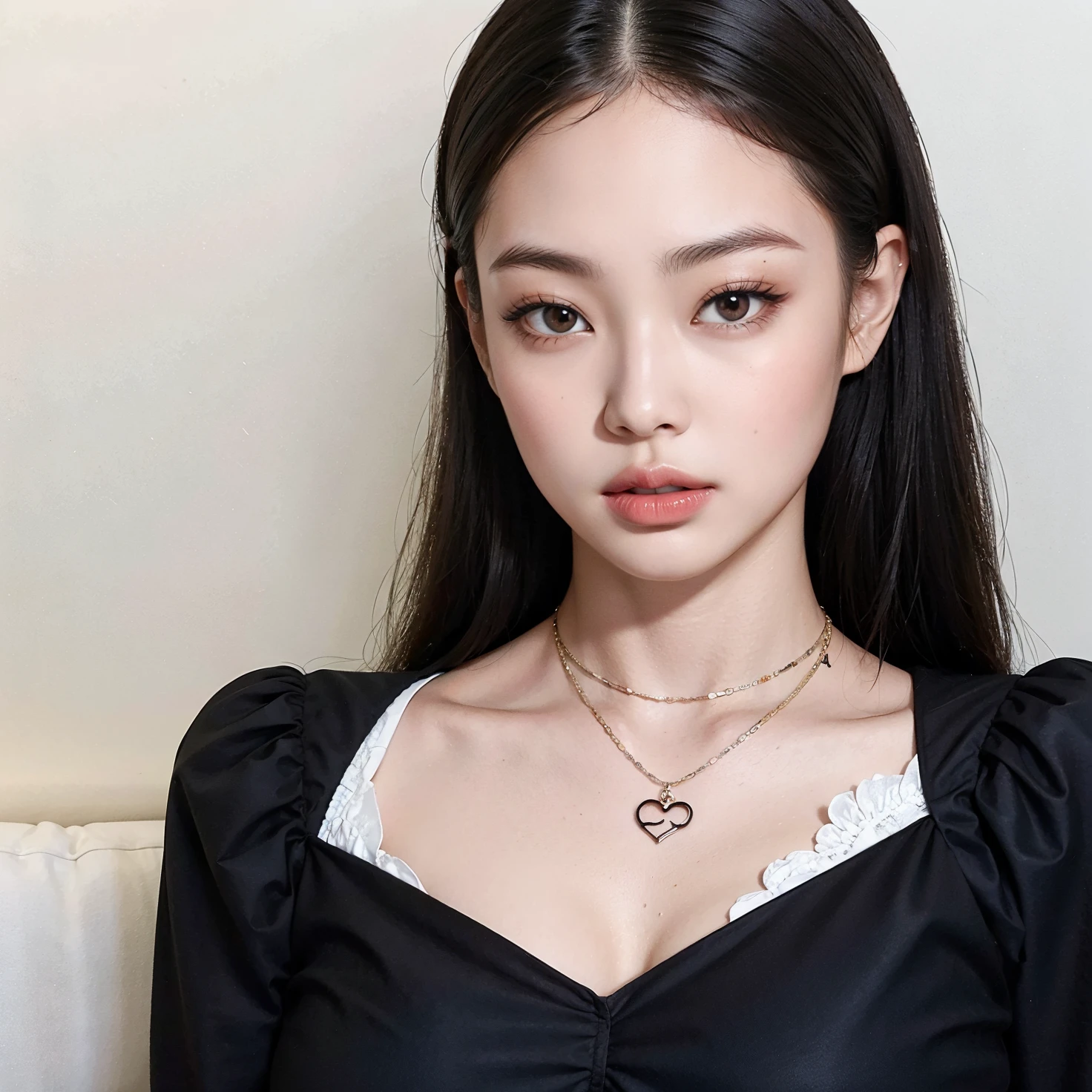 Blackpink Jennie with a tattoo on her chest sitting on a sofa, ela tem cabelo preto com franja, 🤤 retrato de menina, anime vibes, corte de cabelo preto hime, Small heart-shaped face, cruel korean goth girl, Asian girl, garota cara fofa, detailed face of a Asian girl, goth girl aesthetic, franja preta, cabelo arrumado com franja,  jennie blackpink 