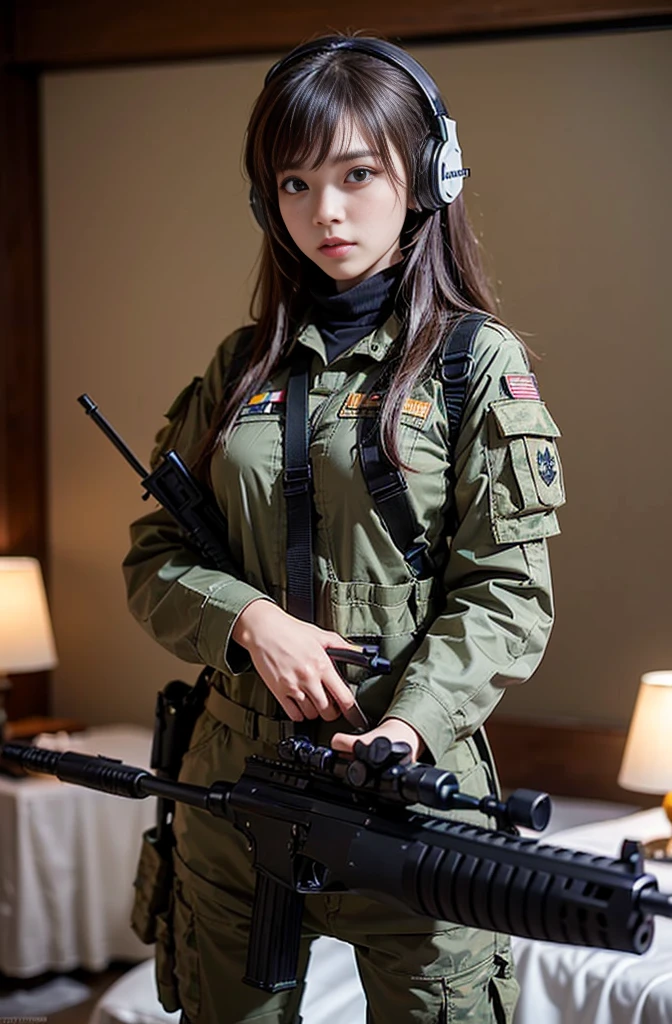 arafed woman in military gear holding a rifle and wearing headphones, soldier girl, airsoft cqb, mechanized soldier girl, military girl, infantry girl, beautiful female soldier, m4 sopmod ii girls frontline, anime thai girl, military photography, inspired by Leng Mei, with rifle, with pistol, shooting pose, airsoft electric pistol