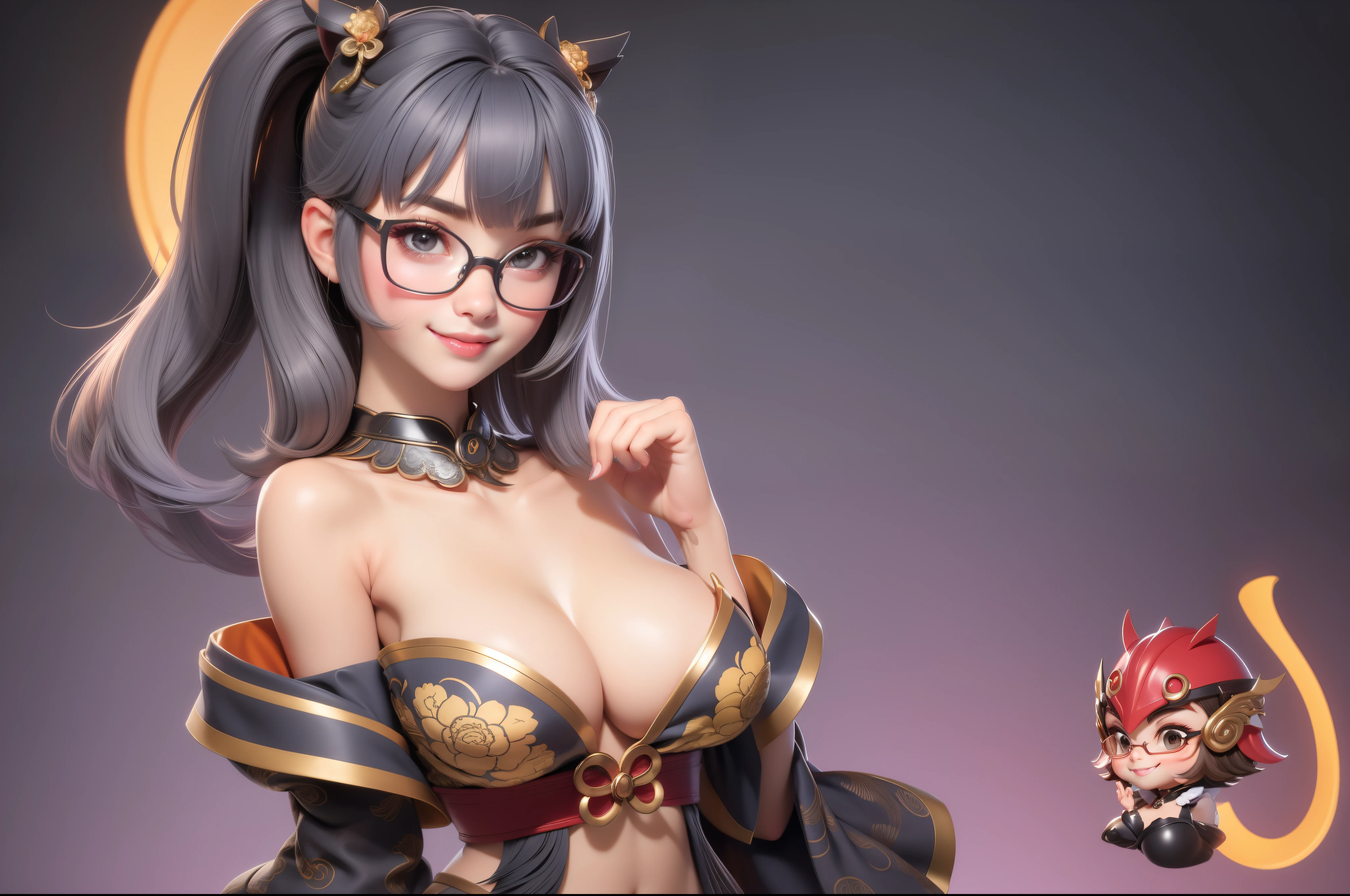 1 Cute Girl (18 years old) glasses, Head shot, Thin waist, natural small breast, cause impact, seductive expression, smooth, Random hairstyles, cleavage, navel, shirt collar, shirt collarbone, off shoulder, seductive smile, Wear intricate details, hot and sexy outfits., Geisha costume, Wear a unique helmet., Random light color, upper body. Flat gray for the background.