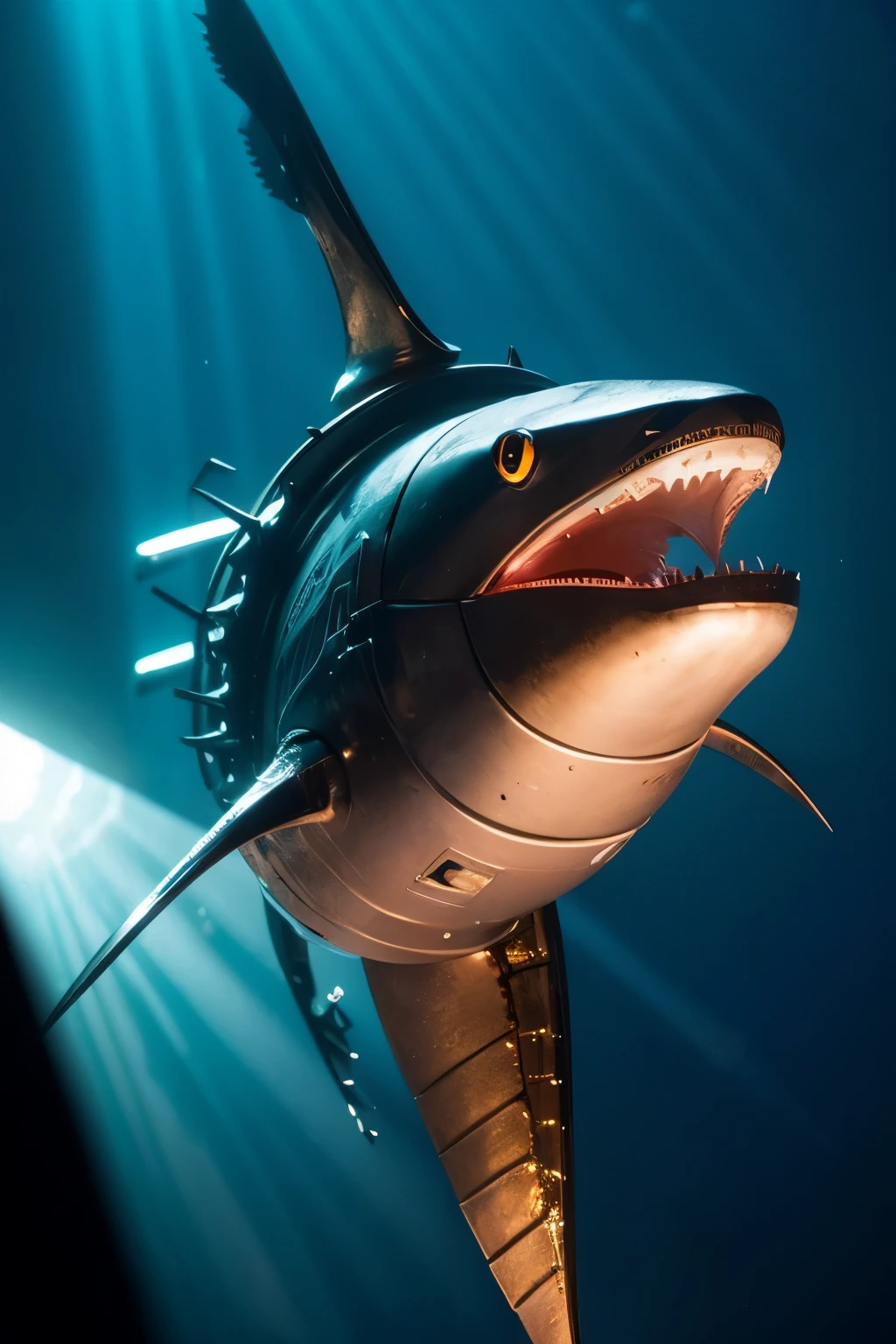 (Best quality, masterpiece: 1.2), Steampunk-style Mechanical Shark: 1, intricate metal designs and cogs: 1.5, copper and brass colors: 1.3, water surface in the background: 1.4, powerful and imposing presence: 1.5,
(Close-up view: 1.6), detailed textures and rust effects: 1.5, piercing blue eyes resembling underwater depth: 1.3, mechanical fins and tail moving in motion: 1.2, intricately designed dorsal fin: 1.5,
(Backlit: 1.5), rich