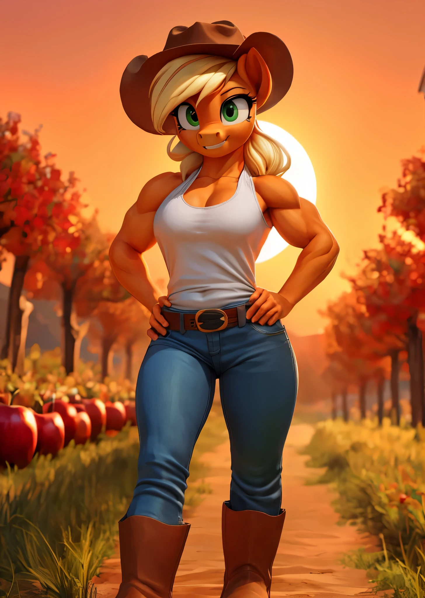 [applejack], [Uploaded to e621.net; (siden), (Pixelsketcher), (mayosplash), (wamudraws)], ((masterpiece)), ((HD)), ((high res)), ((solo portrait)), ((front view)), ((feet visible)), ((pony; anthro)), ((detailed fur)), ((detailed shading)), ((beautiful render art)), ((intricate details)), {anthro horse; (slim figure), (orange fur), (cute green eyes), horse snout, (two nostrils), long blonde hair, (hair bang), (curvy hips), (defined muscles), (beautiful legs), (cute grin)}, {(white Tank top, (cleavage), (navel), (tight blue jeans), (brown cowboy boots), (cowboy hat)}, {(standing), (hand on hip), (looking at viewer)}, [background; (apple orchard), (sunset), (orange sky), (sun rays), (ambient lighting)]
