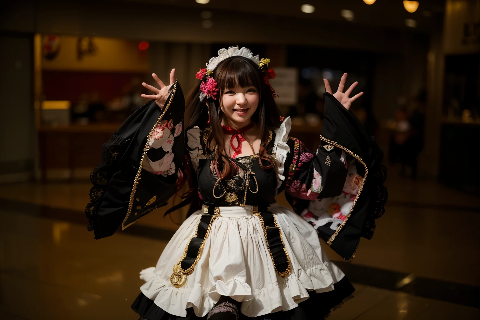 (Best quality, 8k, 32k, Masterpiece, UHD:1.2) "Transform the image to depict a vibrant Maid Cafe scene in Akihabara, Japan. Show the cafe's interior bustling with energy, adorned with colorful decorations and cozy seating arrangements. Highlight the staff dressed in maid uniforms engaging warmly with customers. Illuminate the space with soft, inviting lighting that accentuates the cafe's cheerful ambiance. Emphasize elements like themed decor, cute accessories, and the overall lively atmosphere typical of a Maid Cafe experience in Akihabara."