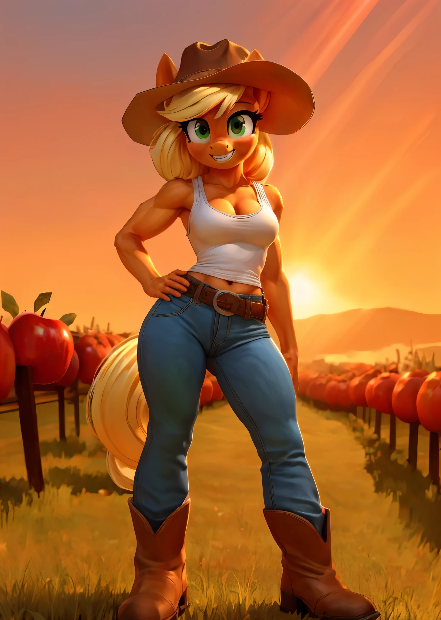 [applejack], [Uploaded to e621.net; (siden), (Pixelsketcher), (mayosplash), (wamudraws)], ((masterpiece)), ((HD)), ((high res)), ((solo portrait)), ((front view)), ((feet visible)), ((pony; anthro)), ((detailed fur)), ((detailed shading)), ((beautiful render art)), ((intricate details)), {anthro horse; (slim figure), (orange fur), (cute green eyes), horse snout, (two nostrils), long blonde hair, (hair bang), (curvy hips), (defined muscles), (beautiful legs), (cute grin)}, {(white Tank top, (cleavage), (navel), (tight blue jeans), (brown cowboy boots), (cowboy hat)}, {(standing), (hand on hip), (looking at viewer)}, [background; (apple tree orchard), (sunset), (orange sky), (sun rays), (ambient lighting)]
