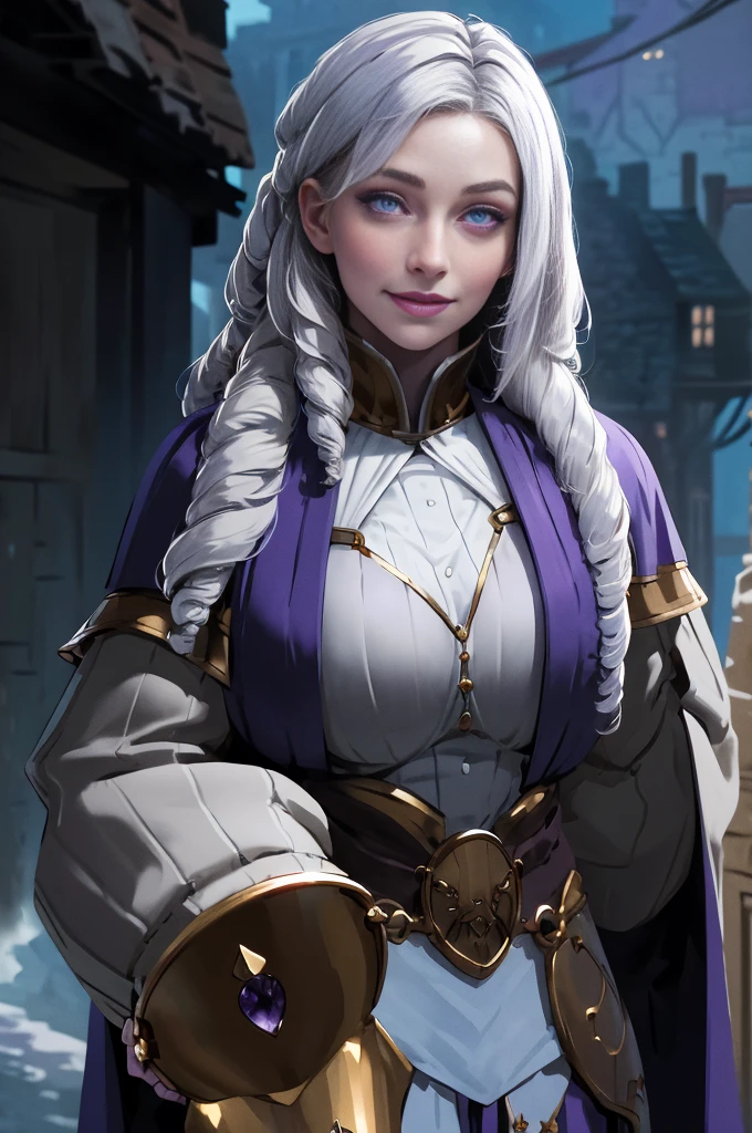 (Triplets)(chest covered)(smile)Gray skin, pale golden hair and violet eyes. They prefer clothing of white and silver with cloaks of deep blue or purple,village background, huge_knockers, ((very precise detailed)), ((highres)