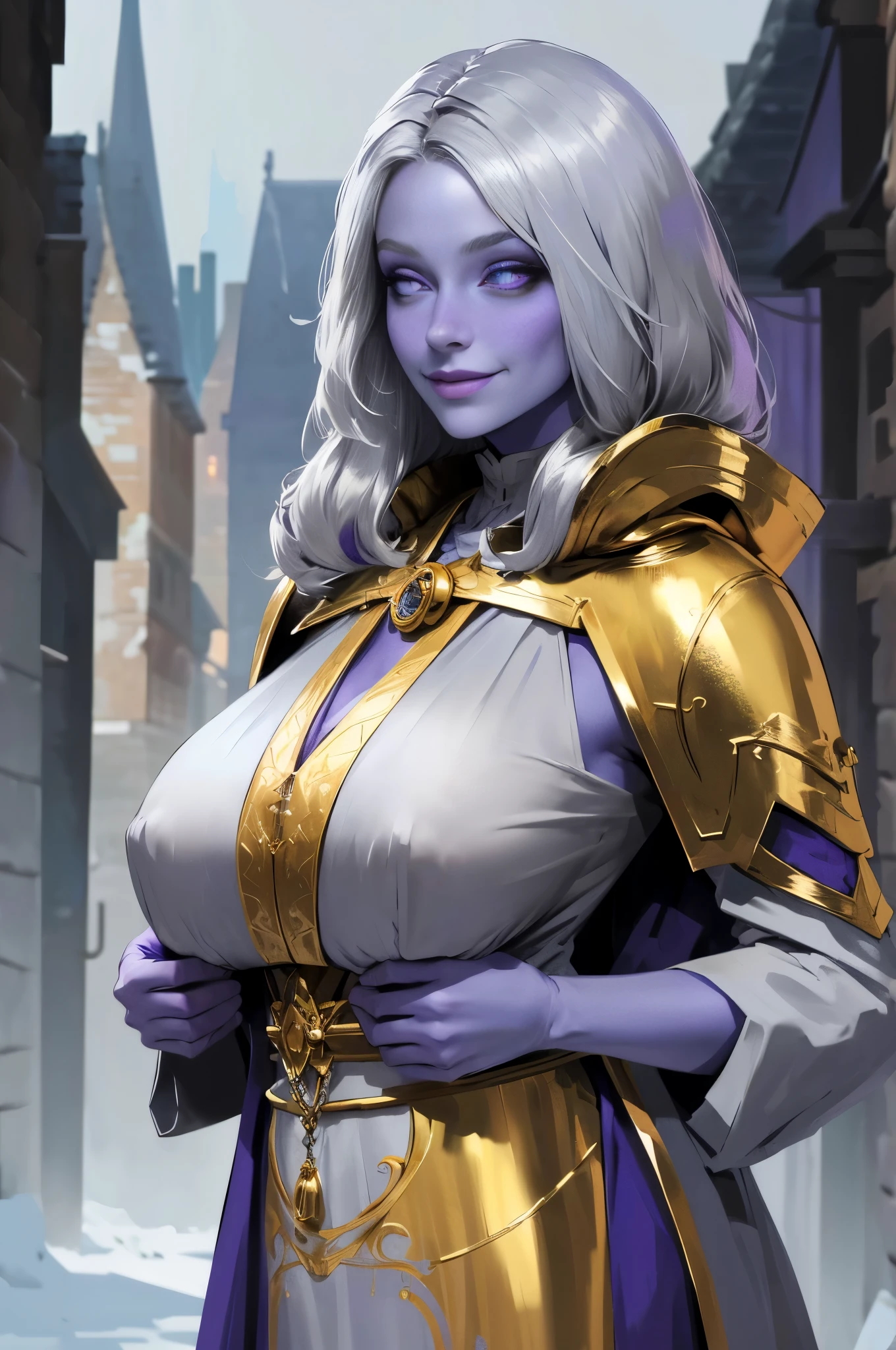 (Triplets)(chest covered)(smile)Gray skin, pale golden hair and violet eyes. They prefer clothing of white and silver with cloaks of deep blue or purple,village background, huge_knockers, ((very precise detailed)), ((highres)