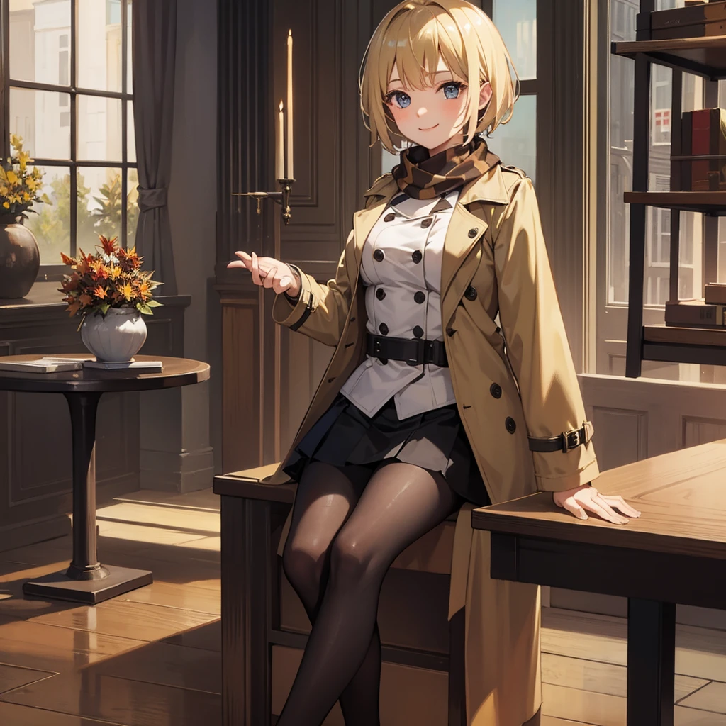 Masterpiece, solo, 1girl, smiling, scarf, double breasted trench coat, short skirt, short blonde hair, sitting cross legged, autumn