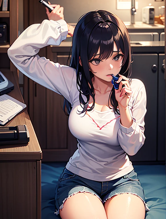 One Woman、beautiful girl、Sit on a chair、Dark Room、computer、Sit in a gaming chair、High-end headphones、Grip the game controller、Operate the controller、There are sweets on the table、computerに向き合う、beautiful girl, Highest quality,  T-Shirts、Short skirt、Thick thighs、Big 、Big Ass、Black Hair、long hair、Bangs、Sweaty body、I&#39;m sweating all over、Lewd sound effects、Stripes々Panties、Lower body is panties only、Playing 18+ games、Love juice on pants、Angle from directly below、Staring at the monitor、ピチピチのT-Shirts