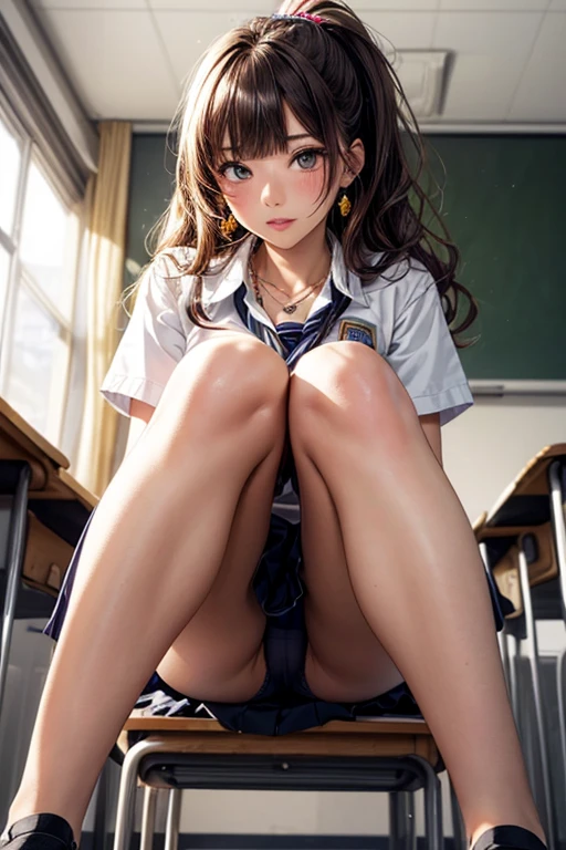 (Masterpiece: 1.3), (Maximum resolution: 1.2), (Ultra HDTV: 1.2), Cinema light, Ultra HDTV, (Detailed eyes and skin), (Detailed facial features), HDR, 8k resolution, Sharp Focus: 1.2, Perfect style, beautiful face, accurate, anatomically correct, highly detailed face and skin texture, detailed eyes, brown eyes, double eyelids, thin eyebrows, glitter eyeliner: 1.2, natural cheeks, glossy skin, fair skin: 1.2, shiny little necklace and earrings, (glossy lips: 1.4),
BREAK
first-person-view, Wearing a Sexy High school uniform, (embarrassed:1.2), (blush:1.2), Innocent and Cute girl, (ponytail in high position, wavy hair, Light brown hair, bangs flowing diagonally), medium long hair,
BREAK
(Full body shot: 1.2), (from below:1.3), (focus on legs), ((Very intimate relationships: 1.2)), (medium large breasts:1.1), ((Sitting on the school chair with closed legs)), (Pose that showing a little panties:1.1), ((with a little lifted up the skirt:1.2)),
BREAK
(((In the classroom: 1.2)), (looking down at viewer:1.2)),