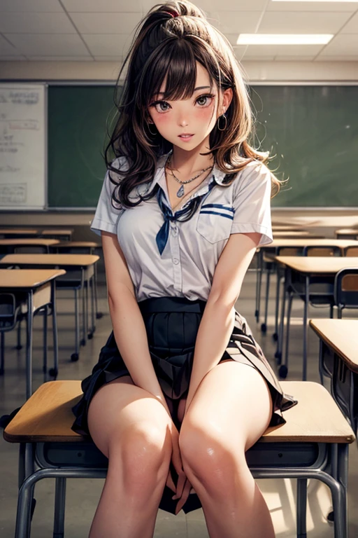 (Masterpiece: 1.3), (Maximum resolution: 1.2), (Ultra HDTV: 1.2), Cinema light, Ultra HDTV, (Detailed eyes and skin), (Detailed facial features), HDR, 8k resolution, Sharp Focus: 1.2, Perfect style, beautiful face, accurate, anatomically correct, highly detailed face and skin texture, detailed eyes, brown eyes, double eyelids, thin eyebrows, glitter eyeliner: 1.2, natural cheeks, glossy skin, fair skin: 1.2, shiny little necklace and earrings, (glossy lips: 1.4),
BREAK
first-person-view, Wearing a Sexy High school uniform, (embarrassed:1.2), (blush:1.2), Innocent and Cute girl, (ponytail in high position, wavy hair, Light brown hair, bangs flowing diagonally), medium long hair,
BREAK
(Full body shot: 1.2), (from below:1.3), (focus on legs), ((Very intimate relationships: 1.2)), (medium large breasts:1.1), ((Sitting on the school chair with closed legs)), (Pose that showing a little panties:1.1), ((with a little lifted up the skirt:1.2)),
BREAK
(((In the classroom: 1.2)), (looking down at viewer:1.2)),