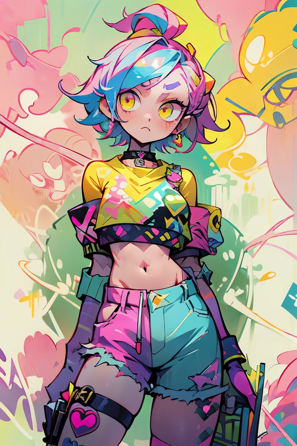 masterpiece, best quality, 1non gender, solo, crop top, denim shorts, choker, (graffiti:1.5), paint splatter, arms behind back, against wall, looking at viewer, armband, thigh strap, paint on body, pink wing, head tilt, bored, multicolored hair, yellow eyes, headset,non gender anime person in slim body with an outfit of yellow sweater with pink polkadot bubble design, and blue and green pants, psycho, cool pose, zooble, poser, pink short messy hair, abstract triangular shapes, clown vibe, no emotion, no sooul,
