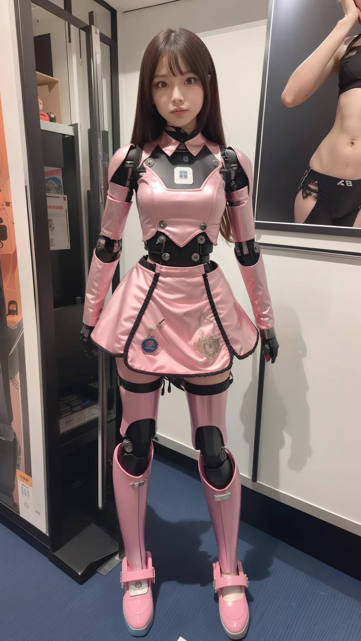 Robot Girl, pink there, Silver, Metallic body, Robot Parts, Metal Parts, Super Detailed Face, Super well-formed face, of the highest quality, a small face, small head, Brown hair, Slender body, Camera gaze, Internal Mechanical Exposure, Idol, front facing, Well-proportioned body, sale, Exhibited, Event Hall, Moe Pose, pink metallic Lolita dress machine armor, Standing with legs open, Model body type, sad, Embarrassing,(Perfect Robot Girl),(Perfect machine body)