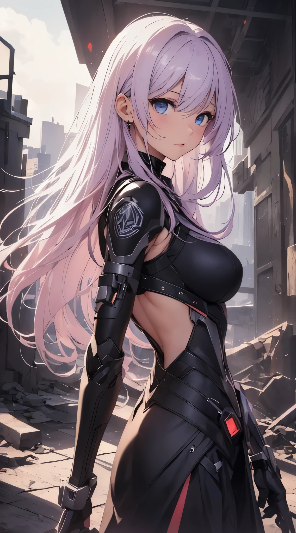 top-quality、Top image quality、masterpiece、girl with((18year old、cyborgs、System Dynamics、Metallic body、Best Bust、Medium bust、Long pink hair、Light blue eyes、Beautiful back、deadpan、Breasts wide open、low angles))hiquality、Beautiful Art、Background with(A desert、Collapsed buildings、natta、nigh sky、stele々)),masutepiece、Elaborate design、visualart、depth of fields、The best lighting、highestdetailed、low angles