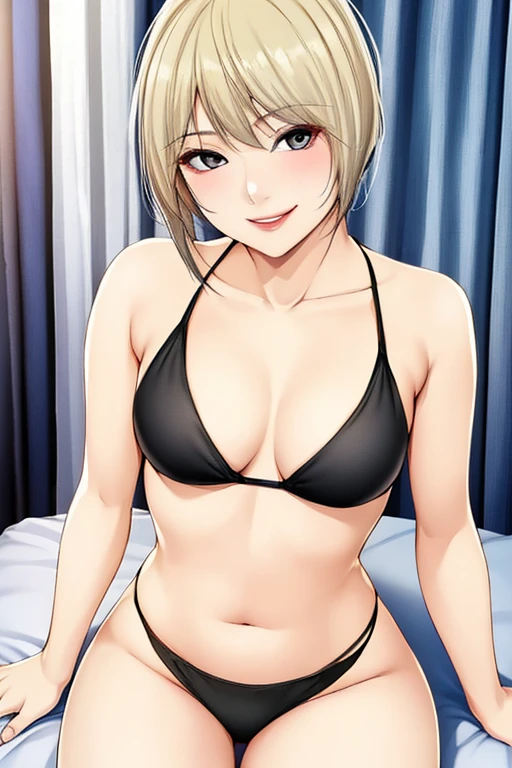 (8k, RAW photo, best quality, masterpiece:1.2),1girl,solo,blonde hair,smile,black bikini,small breasts,looking at viewer, sitting on the bed,bedroom,