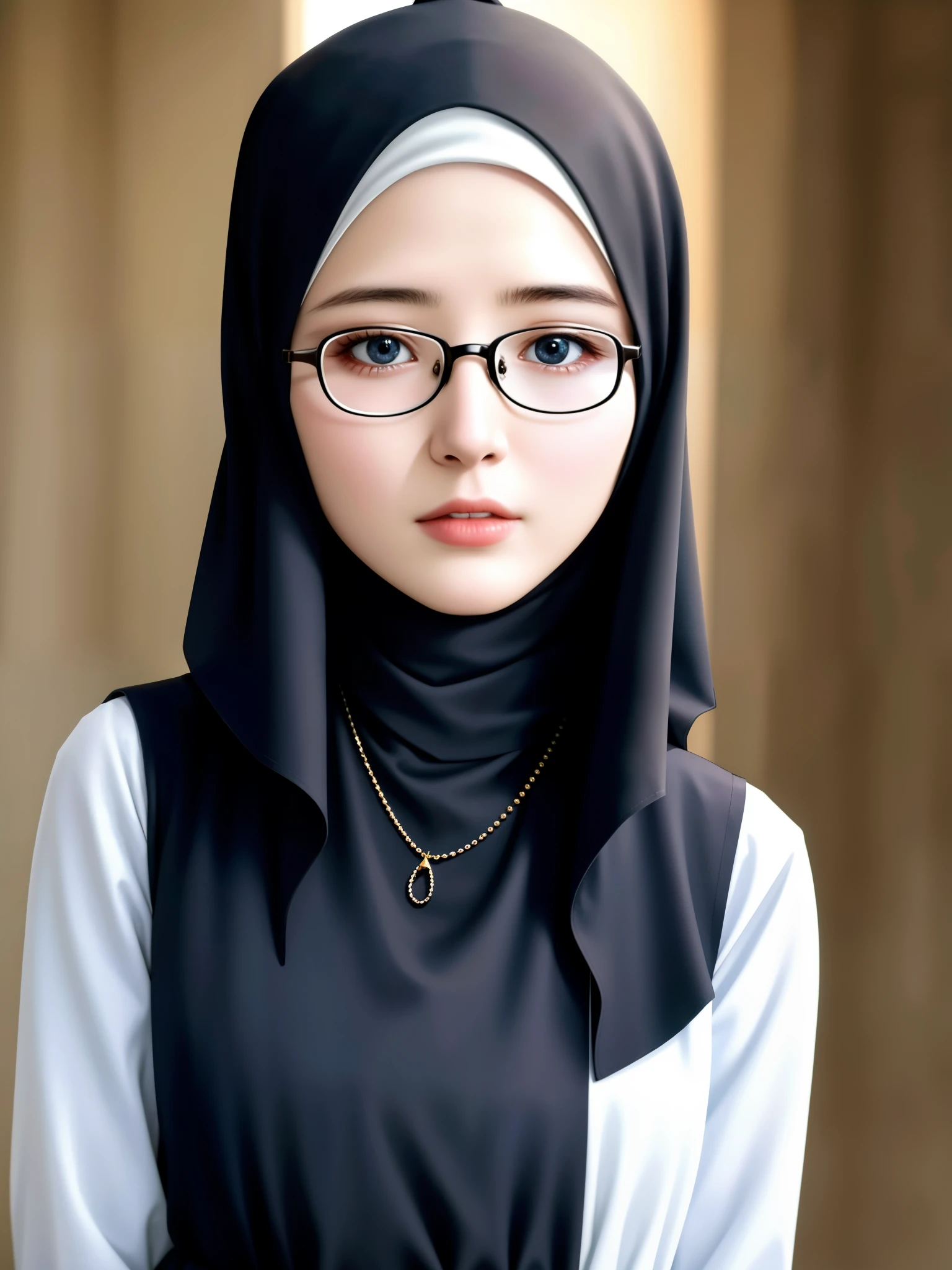 best quality, masterpiece, highreoslem female dress:1.4), necklace, Beautiful face, (upon body from head to waist:1.37), tyndall effect, photorealistic, dark studio, rim lighting, two tone lighting, 8k uhd, dslr, soft lighting, high quality, volumetric lighting, candid, Photograph, high resolution, 4k, 8k, Bokeh, (hyperrealistic girl), (illustration), (high resolution), (extremely detailed), (best illustration), (beautiful detailed eyeest quality), (ultra-detailed), (masterpiece), (wallpaper), (photorealistic), (natural light), (rim lighting), (detailed face), (high detailed realistic skin texture), (anatomically correct), (solo), (1 girl), (heterochromic eyes), (detailed eyes), (sparkling eyes), (long legs), (dynamic pose), (concentrated expression), (wearing hijab:1.4), (moslem headscarf:1.37), reading glasses.