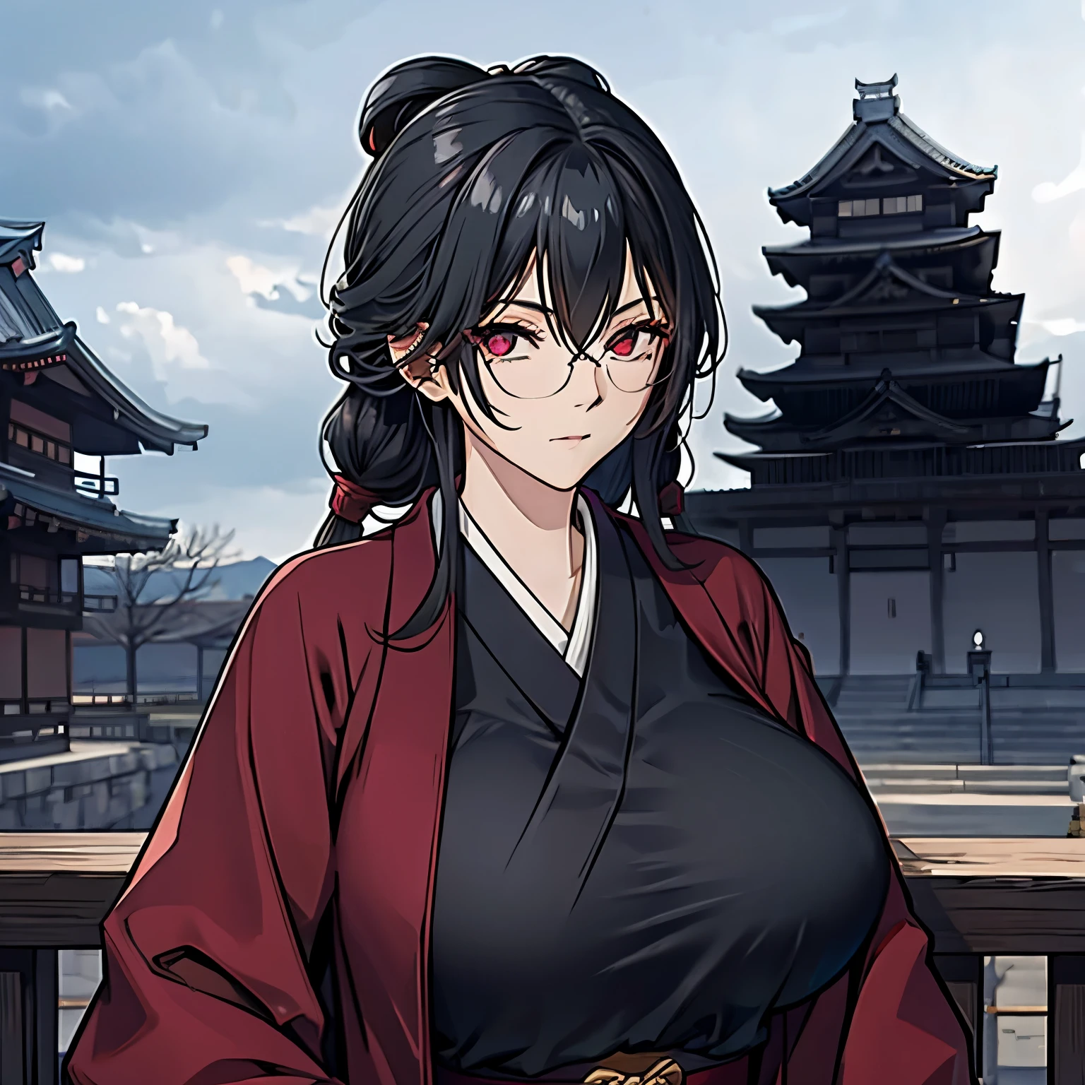 a woman wearing a black kimono with red details, red eyes, big breasts, in a Japanese castle.
