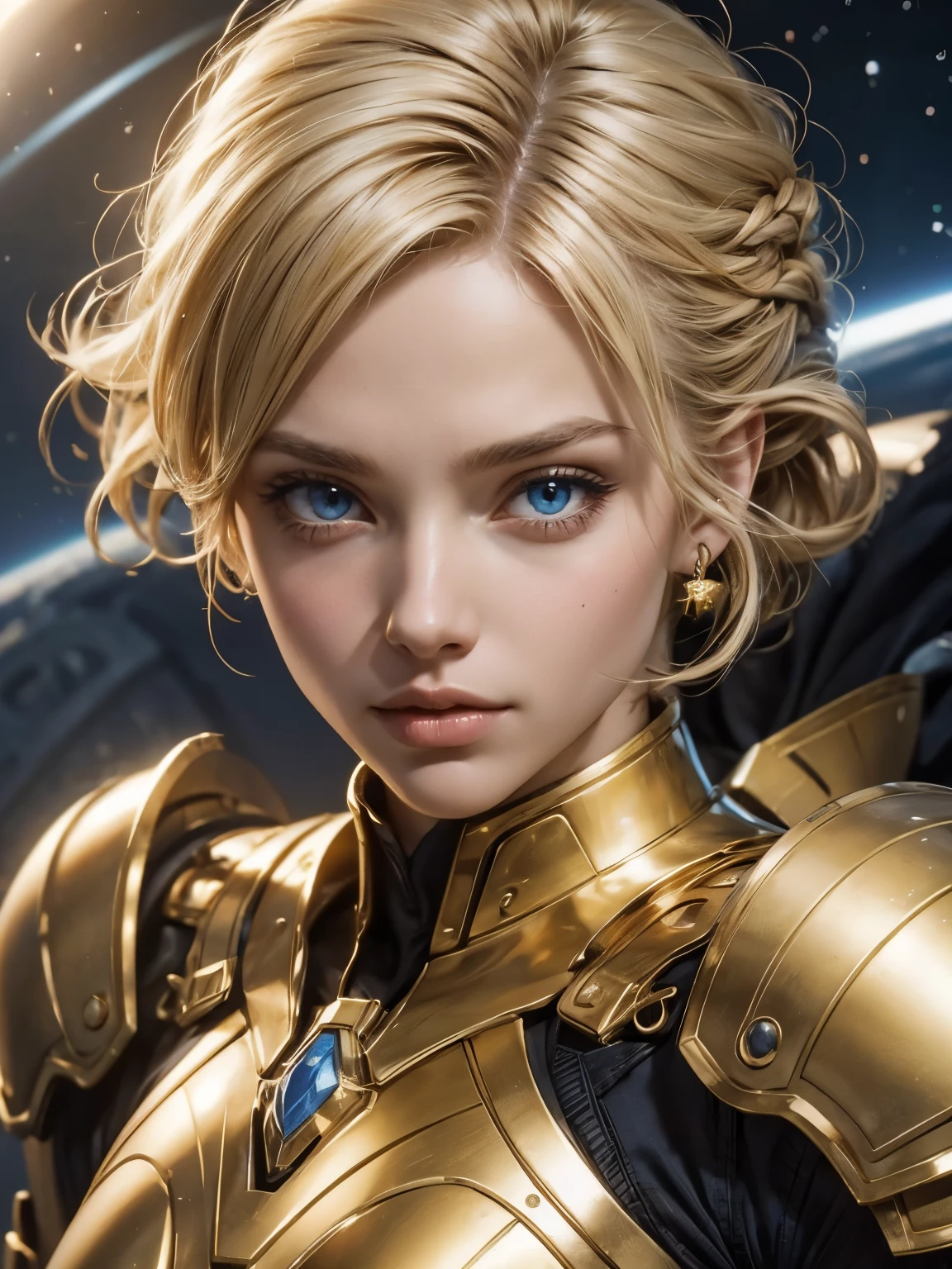 A beautiful woman with blonde hair and blue eyes. He wears a golden battle uniform and holds a lightsaber in one hand. Outer space in the background. Beautiful double eyes. The bridge of my nose. Well-shaped lips. A masterpiece.