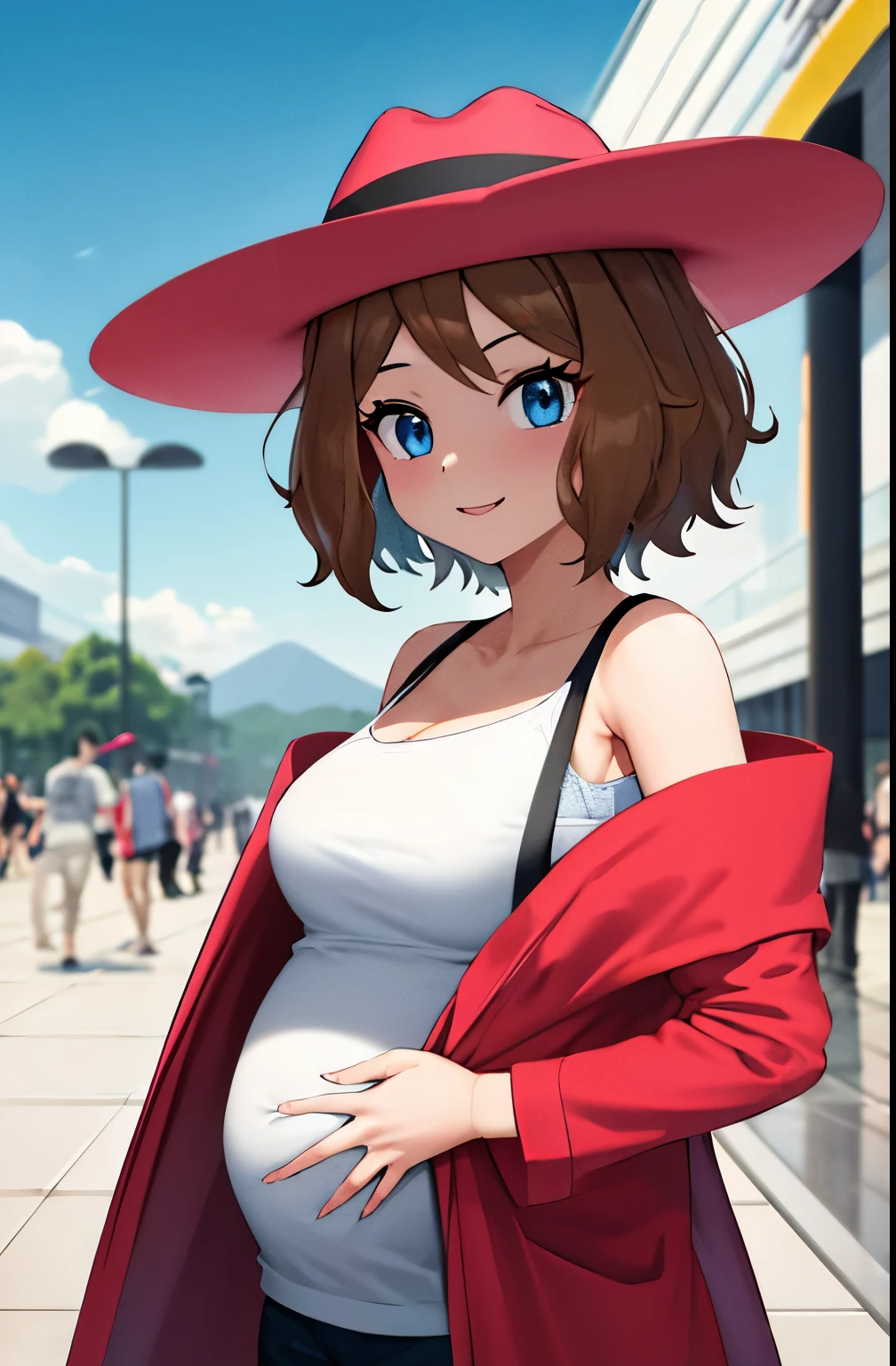 obra maestra, mejor calidad, highres, serena \(pokemon\), pelo corto, ojos azules, 1girl, solo, cinta azul, eyelashes, muslos negros, cinta de cuello, sin mangas, flequillo, clavicle, brazos desnudos, vestido rosa, abrigo rojo, sombrero rosa, al aire libre, de pie junto a un lago, embarazada, rubor, sonrisa, medias largas, medias negras, medias a medio muslo, medium sized female breasts, escote, vientre grande y redondeado, embarazo avanzado, fondo detallado, fondo de grandes detalles, centro comercial, en un centro comercial, mall, hold  clothes, babythes in hands.