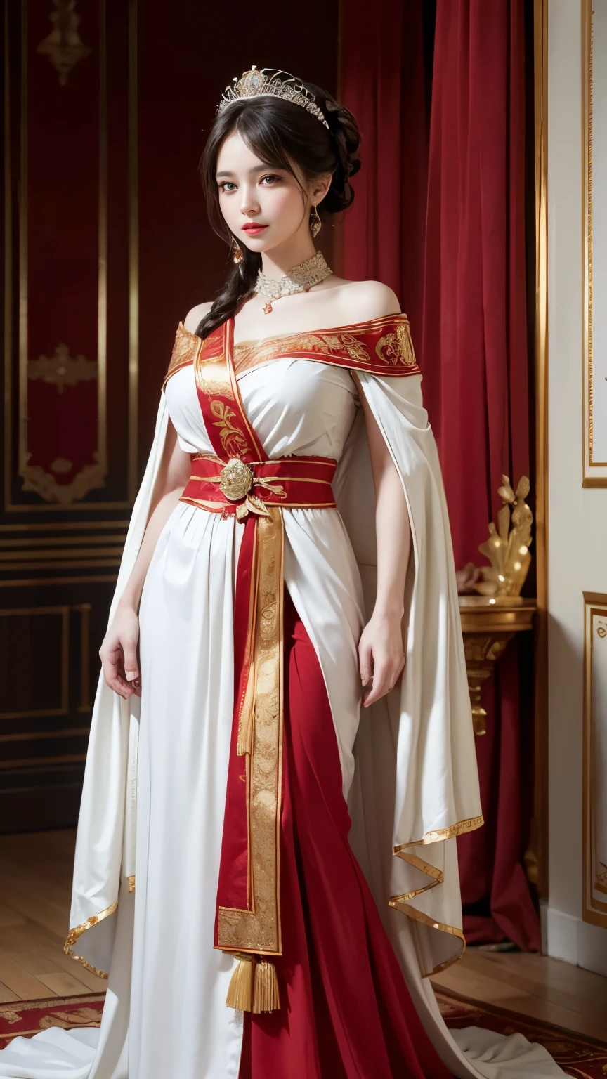 (masterpiece), best quality, expressive eyes, perfect face, Create an AI image of a regal Roman princess draped in opulent roman traditional royal toga and tunics in white and red colors, red silk cape on the shoulder, ultra detail, standing. Full body.