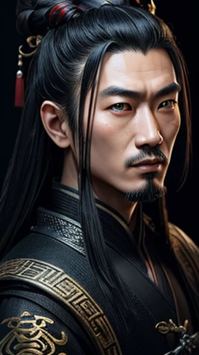 oriental、ancient chinese man in black clothes、ancient chinese hairstyle men、three kingdom、multiple warlords、highest quality、masterpiece、ultra high resolution、(realistic:1.4)、game poster、Clear and beautiful image quality、solo