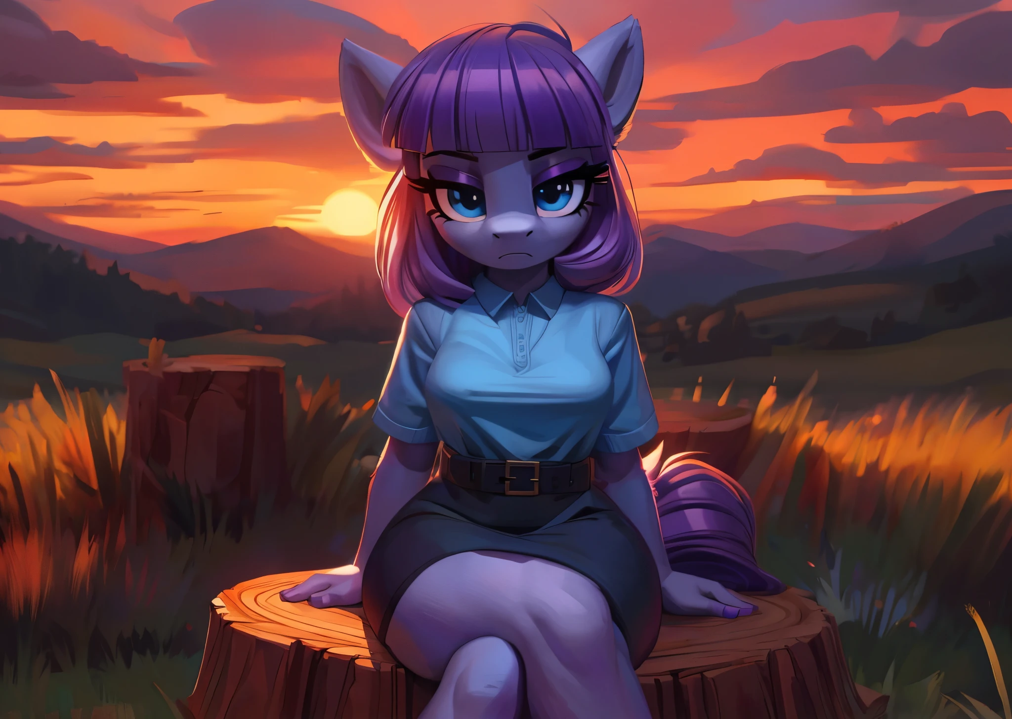 [maud pie], [Uploaded to e621.net; (Pixelsketcher), (mayosplash), (wamudraws)], [uploaded to twitter.com; (@senip)], ((masterpiece)), ((HD)), ((high res)), ((solo portrait)), ((full body)), ((front view)), ((feet visible)), ((pony; anthro)), ((detailed fur)), ((detailed shading)), ((beautiful render art)), {anthro female; (slim figure), grey fur, horse snout, (long straight purple hair), (straight bang), (long purple tail), (cute light-blue eyes), (long eyelashes), (purple eyeshadow), (purple nails), (small boobs), (curvy hips), (thick thighs), (beautiful legs), (frown), (bored expression)}, {(tight blue dress), (short sleeves), (short tight blue pencil skirt), (black waist belt with silver buckle), (black boots)}, {(sitting on stump), (crossed legs), (looking at viewer)}, [background; (grass plains), (sunset), (orange sky), (sun rays), (ambient lighting)]