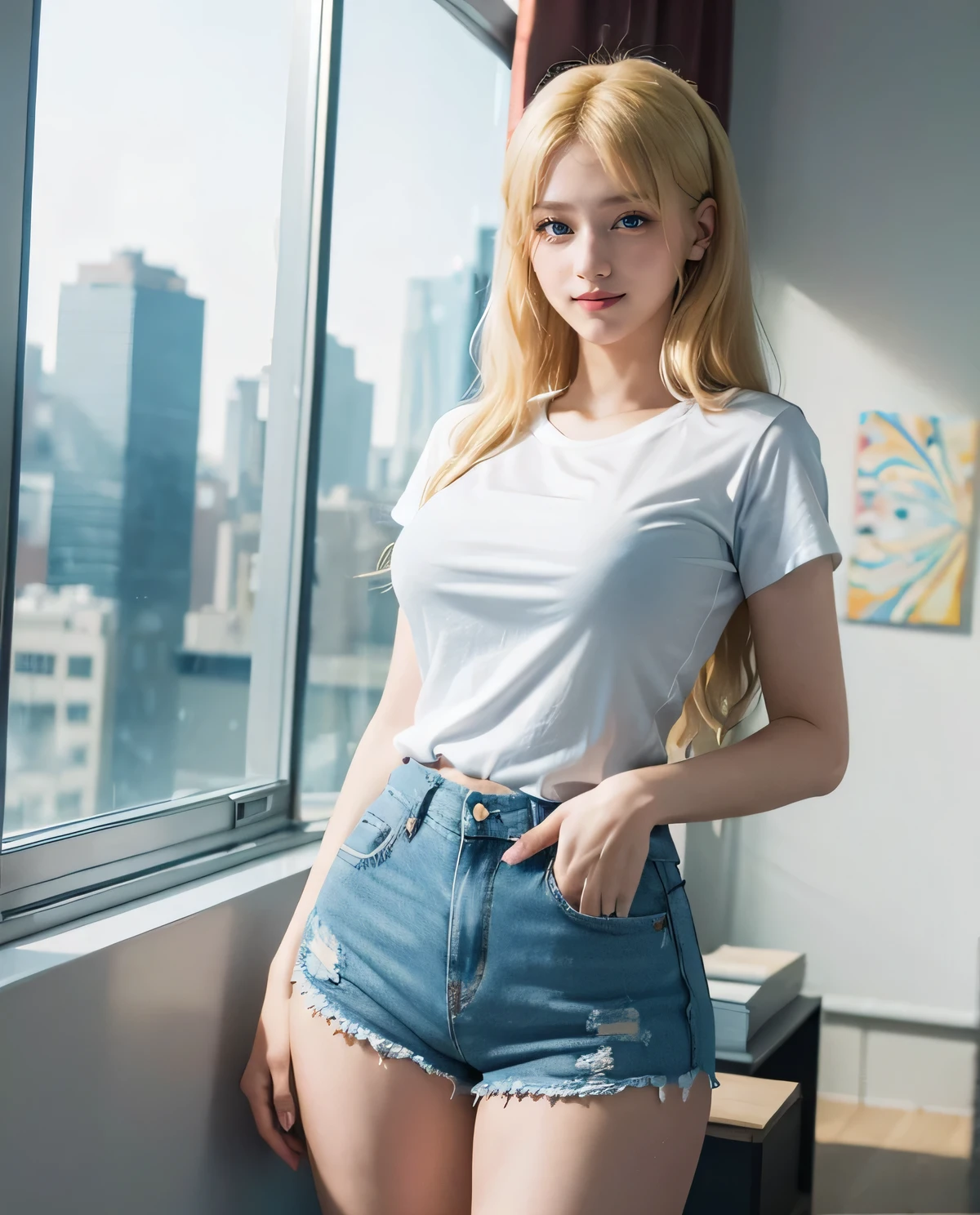 1 chica, (ojos azules), (Sonrisa), (Sana Minatozaki), (Caderas anchas), tetas grandes, (gran culo), (Mejor calidad, 8k, obra maestra: 1.3), manos perfectas, Enfoque claro: 1.2, Belleza del cuerpo perfecto: 1.4, Abdominales delgados: 1.2, Textura de cara y piel muy detallada., ojos detallados, double eyelids, (pelo largo rubio :1.2), (camiseta blanca con estampados de colores :1.3), (Pantalones cortos de mezclilla sexy), (de pie), dynamic pose, en una sala de estar, ventana con vista a la ciudad al fondo