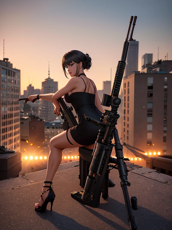A masterpiece full body image of a woman wearing high heels sandals with a short black dress posing for a picture with her Sniper Rifle (a Barrett .50cal). She is on top of an old Russian building. Cinematic lights, high detail, 4k image quality, looking from behind 