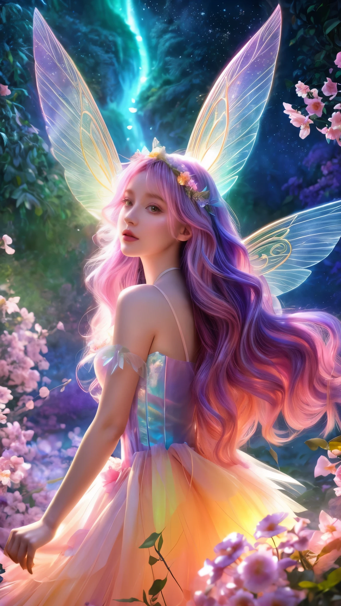 beautiful fairy girl in tiered layered dress, fairy dress made of flower petals, gradient layered tutu skirt, magical flowers, fairy queen, magical forest background, (glowing fairy wings), long wavy hair, sparkling fairy wings, watercolor illustration, flowers and colorful plants, inspired by Glen Keane, inspired by Lois van Baarle, disney art style, glowing aura around her, by Glen Keane, jen bartel, glowing lights! digital painting, flowing glowing hair, glowing flowing hair, beautiful digital illustration, fantasia otherworldly landscape plants flowers, beautiful, masterpiece, best quality, anime disney style, two-meter shooting distance
