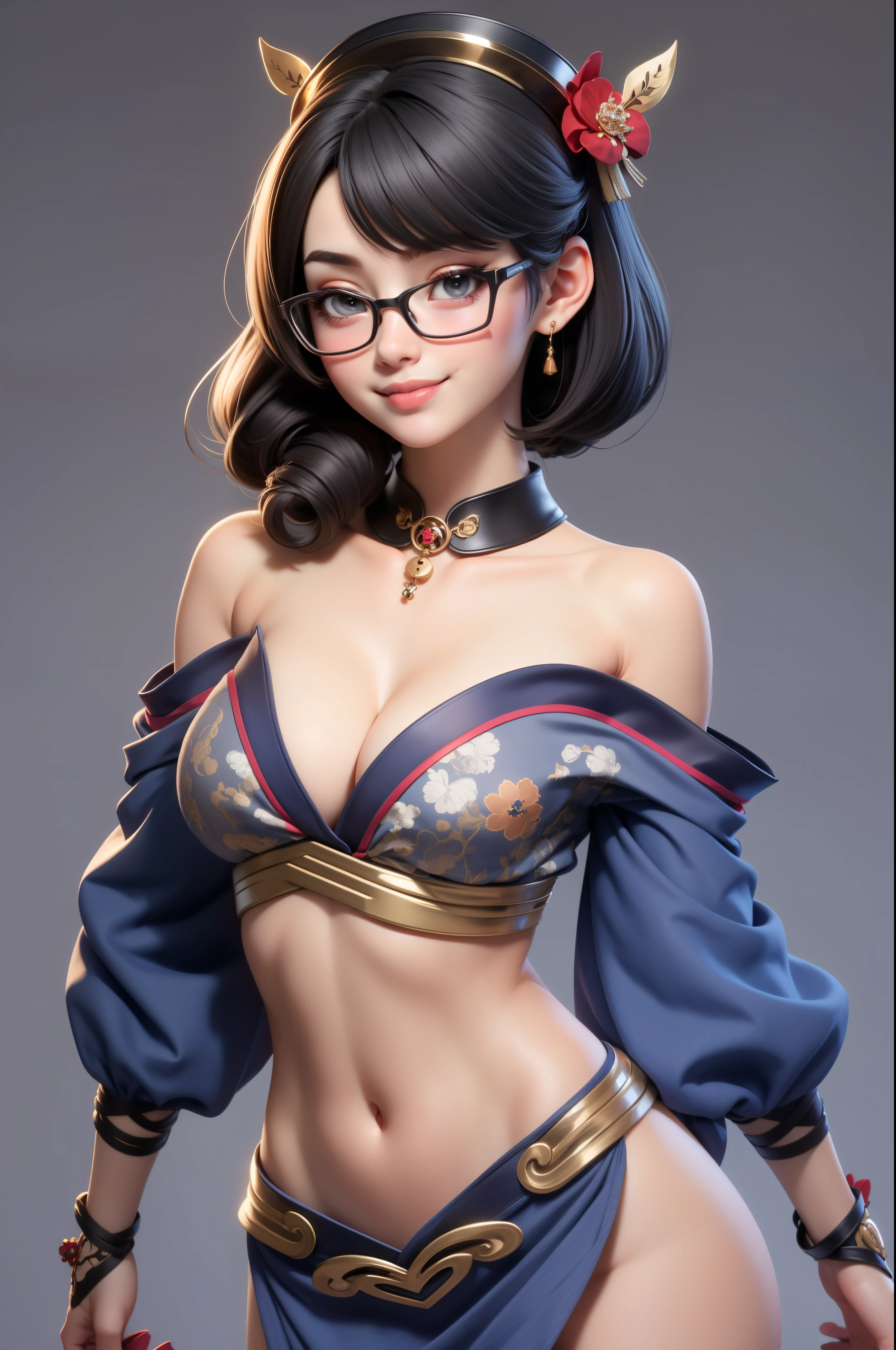 1 Cute Girl (18 years old) glasses, close up, Thin waist, natural small breast, cause impact, seductive expression, smooth, Random hairstyles, cleavage, navel, shirt collar, shirt collarbone, off shoulder, seductive smile, Wear intricate details, hot and sexy outfits., Geisha costume, Wear a unique helmet., Random light color, upper body. Flat gray for the background.