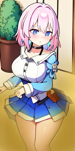 \(\(master piece\)\)、chest、beholderを見る、short hair、\(multicoloured_eyes:1.5\)、\(pink hair:1.8\)、bangs、blue eyes、\(Long Rock:1.4\)、\(ribbon earrings\)、masterpiece、最high quality、high quality、disorganized、shiny skin、colorful、dynamic pose、stunning art、best quality、Super detailed、dynamic angle、very detailed、Reflective hair、proper lighting、Ray tracing、Depth of bounds written、Super detailedな、An illustration、wonderful、fine details、very detailed、\(\(Super detailed\)\)、\(beautiful detailed girl\) 、beautiful detailed shine、intricate details、High resolution、very delicate and beautiful、beautiful detailed eyes、real、HDR、round eyes、detailed facial features、\(An illustration\)、\(beautiful detailed eyes\)、\(\(very detailed顔\)\)、Depth of bounds written、eyebrows visible through hair、frills、beholder、\(Upper body: 1.4\)、clothes reflecting light、\(skin light diffraction: 1.35\)、\(shiny skin: 1.55\)、\(iridescence effect: 1.55\)、clavicle、white shirt、long sleeve、choker、flower、blue camera、blue skirt、青いflower、\(indoor、potted plants: 1.5\)、critical angle、woman stinks、fart、shyness、blush、strain your face、full body photo、Gas comes out of the butt、big breasts