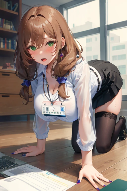 Lisa, genshin impact, 1 girl, alone, ((white shirt)), black Thighhighs, huge breasts, big breasts, cleavage, uniform, office background, black skirt, pleated skirt, office, hair between eyes, messy hair, large chest, long hair, looking at the viewer, brown hair, red short nails, green eyes, alone, Thighhighs, thick thighs, very long hair, ((masterpiece)), Chair, machine, computer on machine, name tag, id tag, indoor, blush, embarrassing, adult woman, Ecchi Woman, open your mouth, narrow your eyes, (crawl on all fours), sweating, Clothes are see-through,