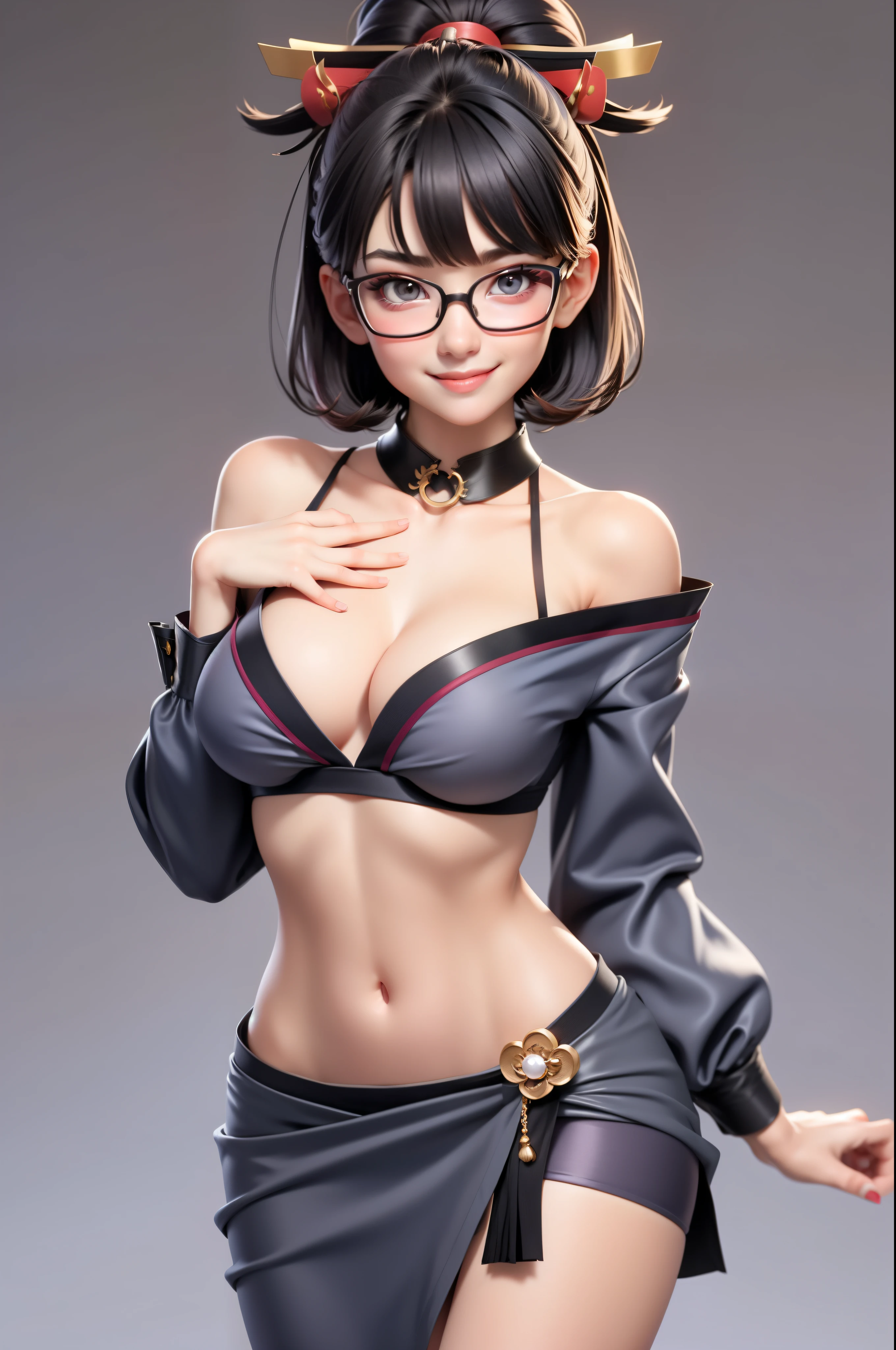 1 Cute Girl (18 years old) glasses, upper body, Thin waist, natural small breast, cause impact, seductive expression, smooth, Random hairstyles, cleavage, navel, shirt collar, shirt collarbone, off shoulder, seductive smile, Wear hot and sexy clothes., Geisha costume, Random light color, upper body. Flat gray for the background.