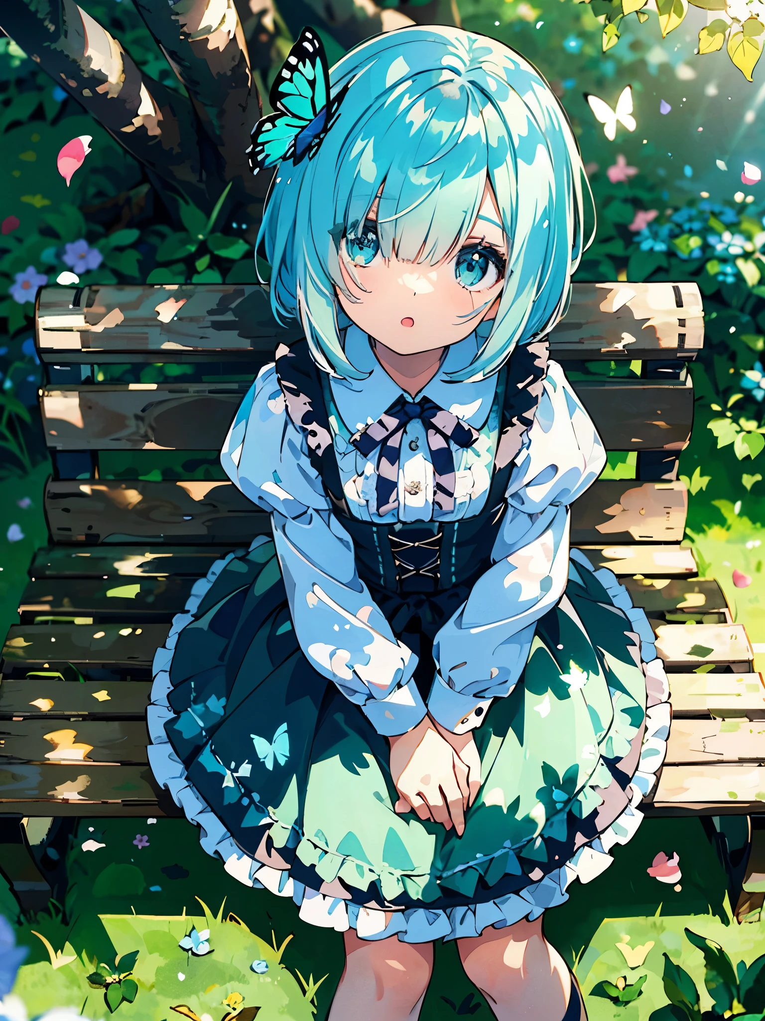 ((solo:1.2)),cute girl sitting on bench in garden,frilled dirndl,from above,looking up,cobblestone pavement,aqua hair,fine bob cut,(hair over one eye),(dappled sunlight:1.2),blurry,(depth of field:1.1),head tilt,:o,(petals),tree,butterfly
