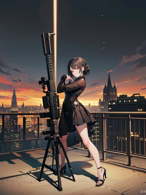 A masterpiece full body image of a woman wearing high heels sandals with a short black dress posing for a picture with her Sniper Rifle (a Barrett .50cal). She is on top of an old Russian building. Cinematic lights, high detail, 4k image quality, looking from behind, she is looking down the city searching for her target