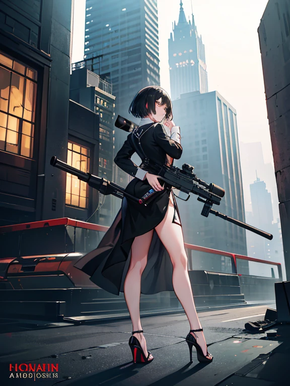 A masterpiece full body image of a woman wearing high heels sandals with a short black dress posing for a picture with her Sniper Rifle (a Barrett .50cal). She is on top of an old Russian building. Cinematic lights, high detail, 4k image quality, looking from behind, she is looking down the city searching for her target