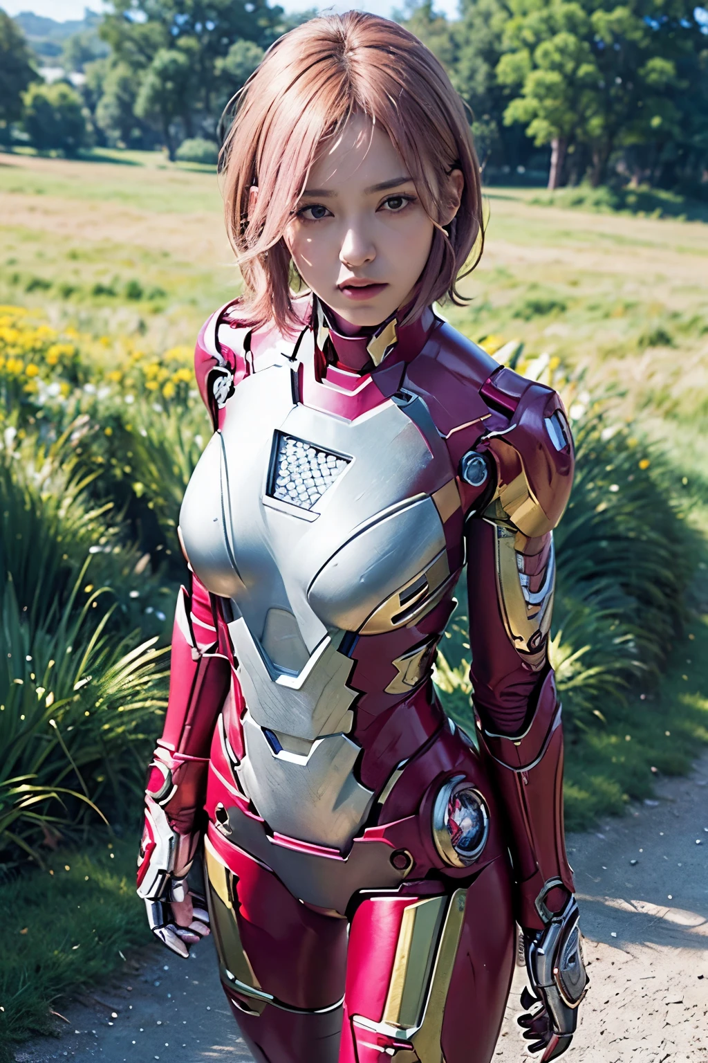 (8K, top-quality, masterpiece:1,2), (reallistic, Photorealsitic:1.37), Super Detail, One girl,), (Highly detailed), (beautifully detailed eyes), (of the highest quality), (super detailed ), (masterpiece), (Detailed face),20yr old, ,1 girl, full body, pink hair:1.5,Very short hair, medium breasts, clothed, Perfect Lighting, pussy and breast focus, looking at viewer, aroused face, naughty face, BRAKE ((Iron man suit, standing, tight suit, meadow))
