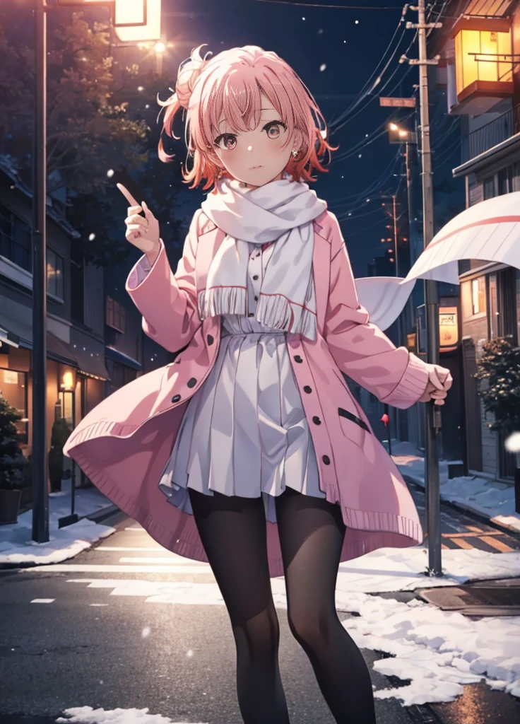 table top, high quality, 最high quality, High resolution, 4K, High resolution, beautiful lighting,highly detailed face, well drawn hand, beautifully drawn legs,well drawn feet,well drawn eyes,1 girl, short hair, pink hair, pink eyes, Yui, bun hair,red coat，scarf，White Long Sweater，shorts，Black Pantyhose King，black short boots，in the street、that&#39;It&#39;s snowing，walk，-thatで，