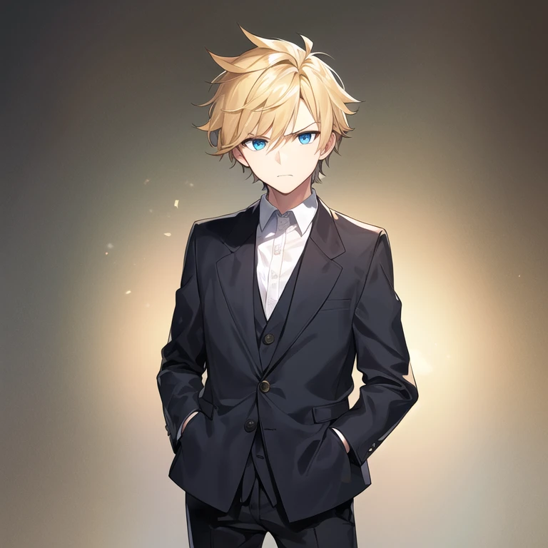 masterpiece, best quality, 1boy, solo, mature male, spiky hair, short hair, blond hair, blue eyes, beard, black jacket, collared shirt, black pants, standing, hands in pockets, looking at viewer, frowning