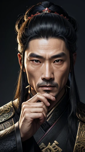 oriental、ancient chinese man in black clothes、ancient chinese hairstyle men、three kingdom、multiple warlords、highest quality、masterpiece、ultra high resolution、(realistic:1.4)、game poster、Clear and beautiful image quality、solo