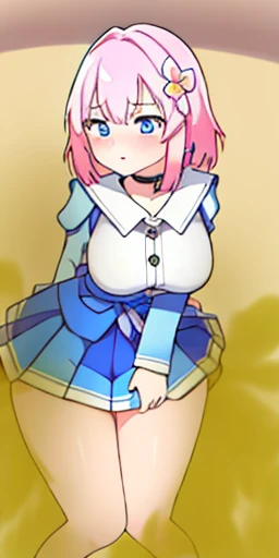 \(\(master piece\)\)、chest、beholderを見る、short hair、\(multicoloured_eyes:1.5\)、\(pink hair:1.8\)、bangs、blue eyes、\(Long Rock:1.4\)、\(ribbon earrings\)、masterpiece、最high quality、high quality、disorganized、shiny skin、colorful、dynamic pose、stunning art、best quality、Super detailed、dynamic angle、very detailed、Reflective hair、proper lighting、Ray tracing、Depth of bounds written、Super detailedな、An illustration、wonderful、fine details、very detailed、\(\(Super detailed\)\)、\(beautiful detailed girl\) 、beautiful detailed shine、intricate details、High resolution、very delicate and beautiful、beautiful detailed eyes、real、HDR、round eyes、detailed facial features、\(An illustration\)、\(beautiful detailed eyes\)、\(\(very detailed顔\)\)、Depth of bounds written、eyebrows visible through hair、frills、beholder、\(Upper body: 1.4\)、clothes reflecting light、\(skin light diffraction: 1.35\)、\(shiny skin: 1.55\)、\(iridescence effect: 1.55\)、clavicle、white shirt、long sleeve、choker、flower、blue camera、blue skirt、青いflower、\(indoor、potted plants: 1.5\)、critical angle、woman stinks、fart、shyness、blush、strain your face、full body photo、Gas comes out of the butt、big breasts