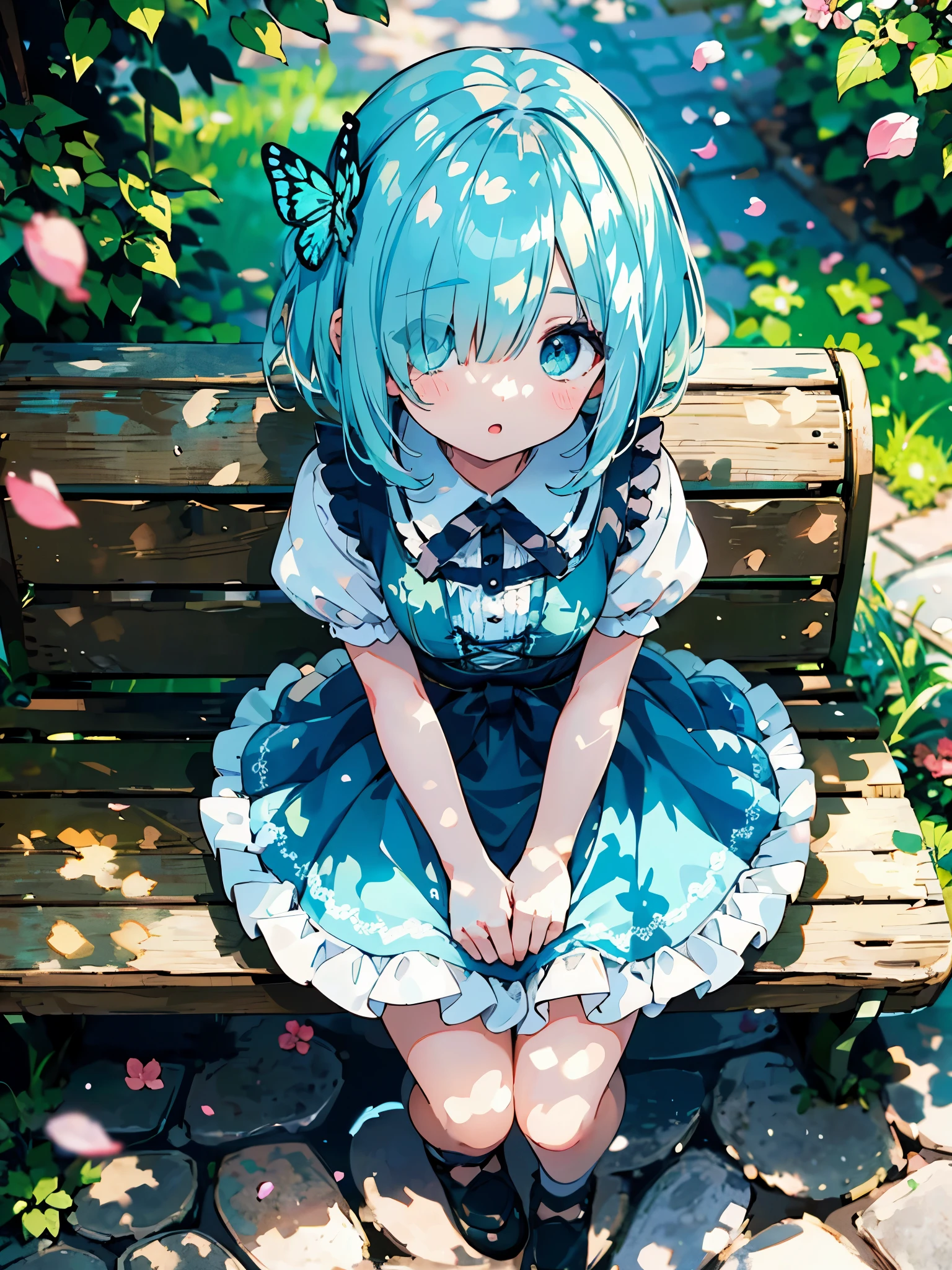 ((solo:1.2)),cute girl sitting on bench in garden,frilled dirndl,from above,looking up,cobblestone pavement,aqua hair,fine bob cut,(hair over one eye),(dappled sunlight:1.2),blurry,(depth of field:1.1),head tilt,:o,(petals),tree,butterfly
