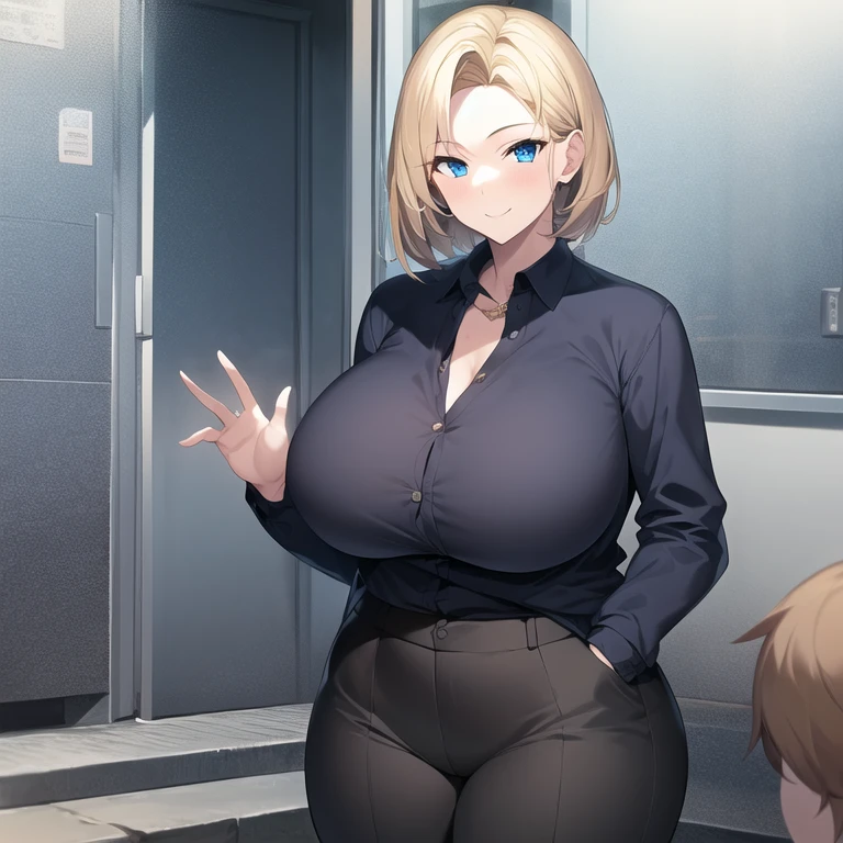masterpiece, best quality, 1girl, solo, mature female, milf, motherly, large breasts, narrow waist, wide hips, curvy, spiky hair, short hair, blonde hair, blue eyes, beard, black jacket, collared shirt, black pants, standing, hands in pockets, looking at viewer, smile