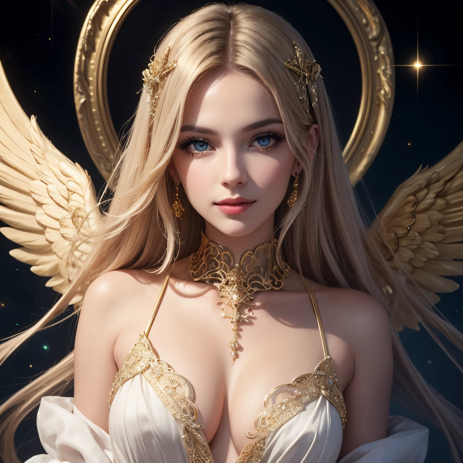 Angelique Marchioness of gold angels, beautiful eyes, lush eyelashes in front of eyes, on the face of a light smile, in the style of the artist Razumov, synth punk, frontal camera, baroque style,
girl with hair all different colors of the finest shiny organza with golden veins in fantastic whirl, glare, spray, pastel tones, juicy, filigree details, light elements, fantasy, beautiful, high detail, high resolution, 32k, mystic haze, background fabulous crystal forest, glitter