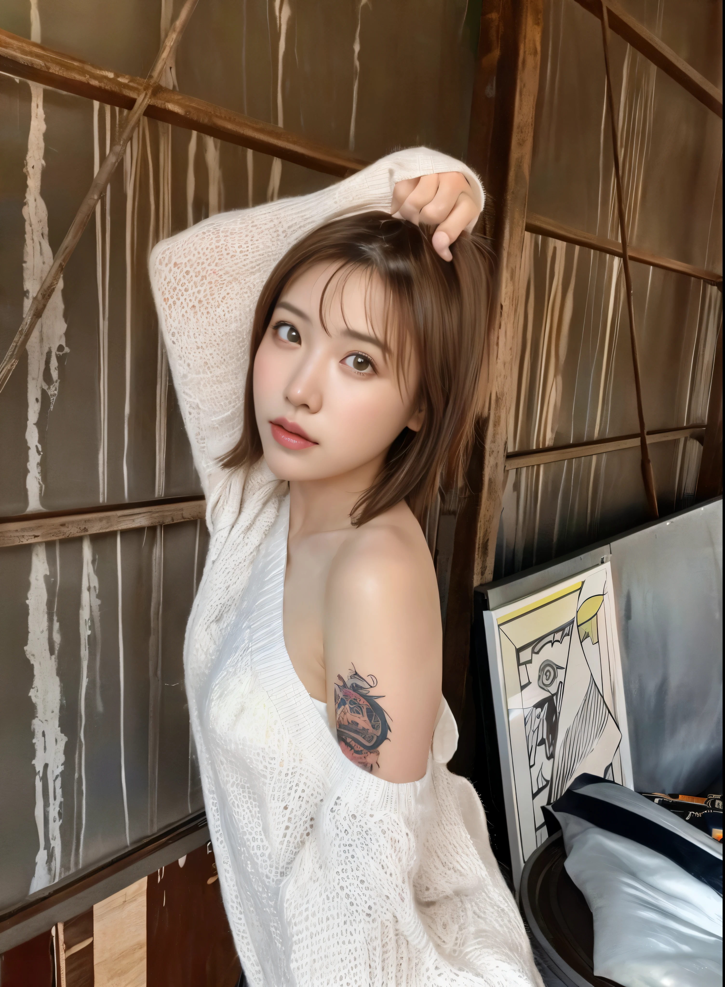 There is a woman posing in a white sweater with a tattoo on her arm.., Taiwanese girl with tattoo, Chiho, sakimichan, with short hair, sun yunjoo, shikamimi, korean girl, Choi Hong Hwa, Ulzzang, trending on cgstation, sakimi chan, Bae Suzy, trending on cgstation